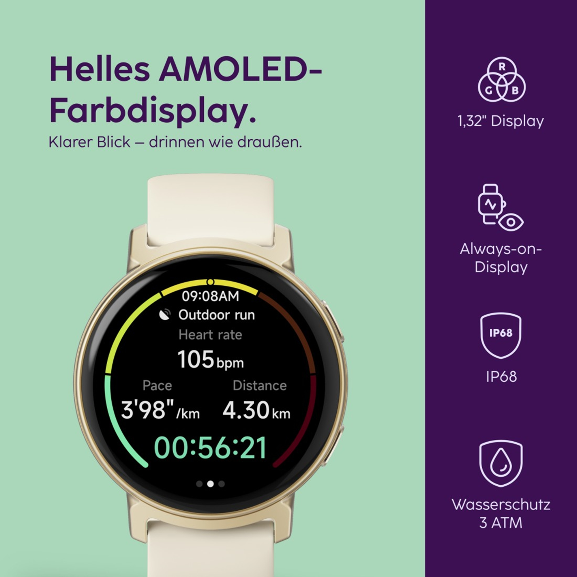 Helles AMOLED-Display mit Laufdaten: Herzfrequenz, Pace, Distanz, Zeit.