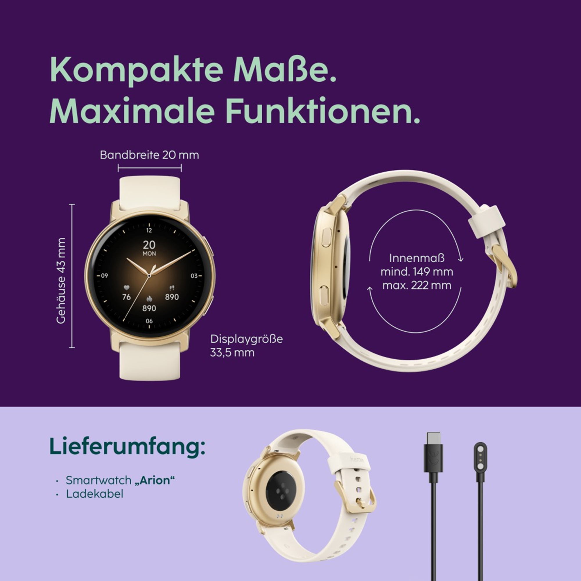 Goldene Smartwatch mit weißem Armband, Maße und Ladekabel.