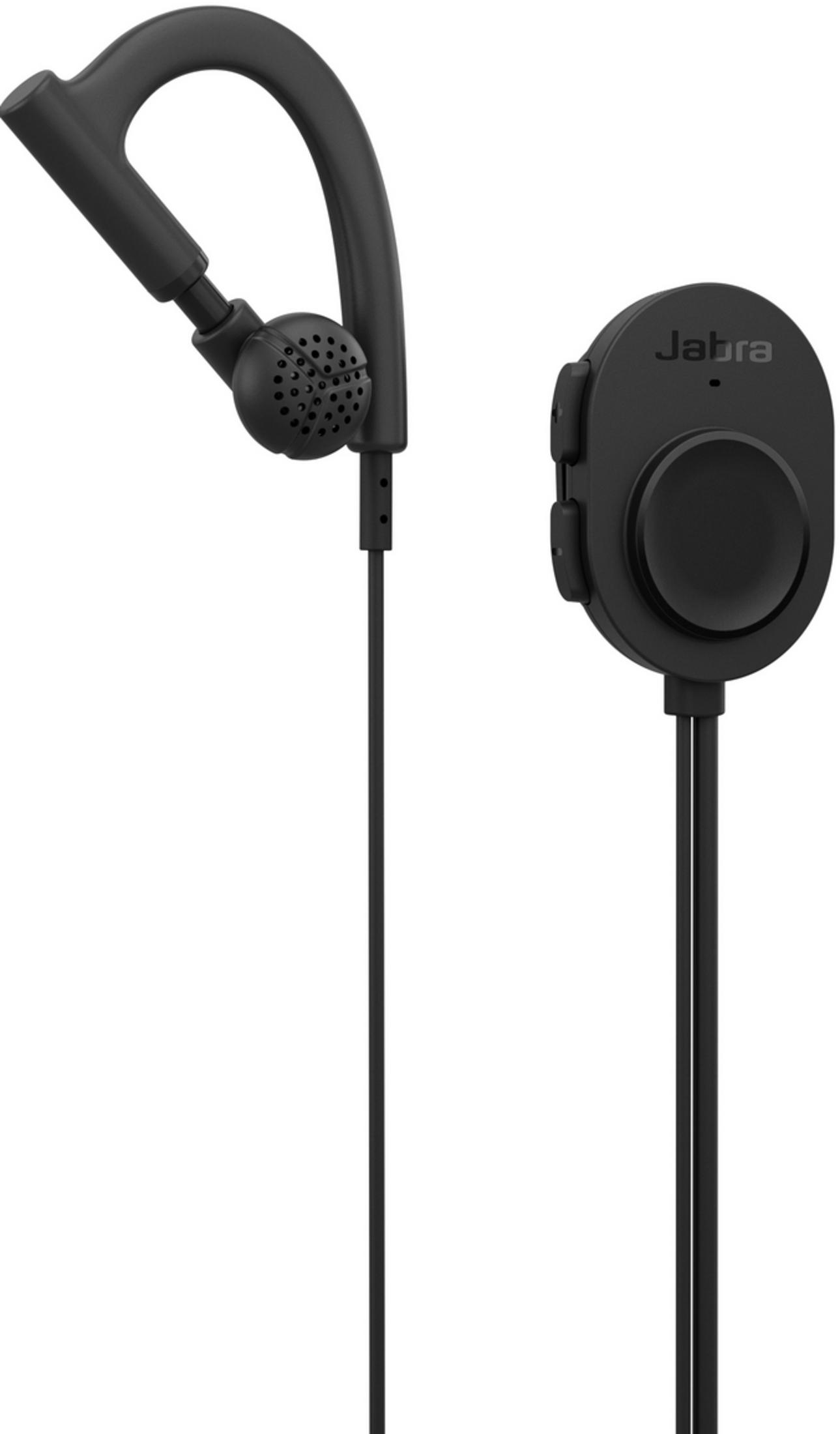 Auricolare Jabra nero cablato con gancio per orecchio.