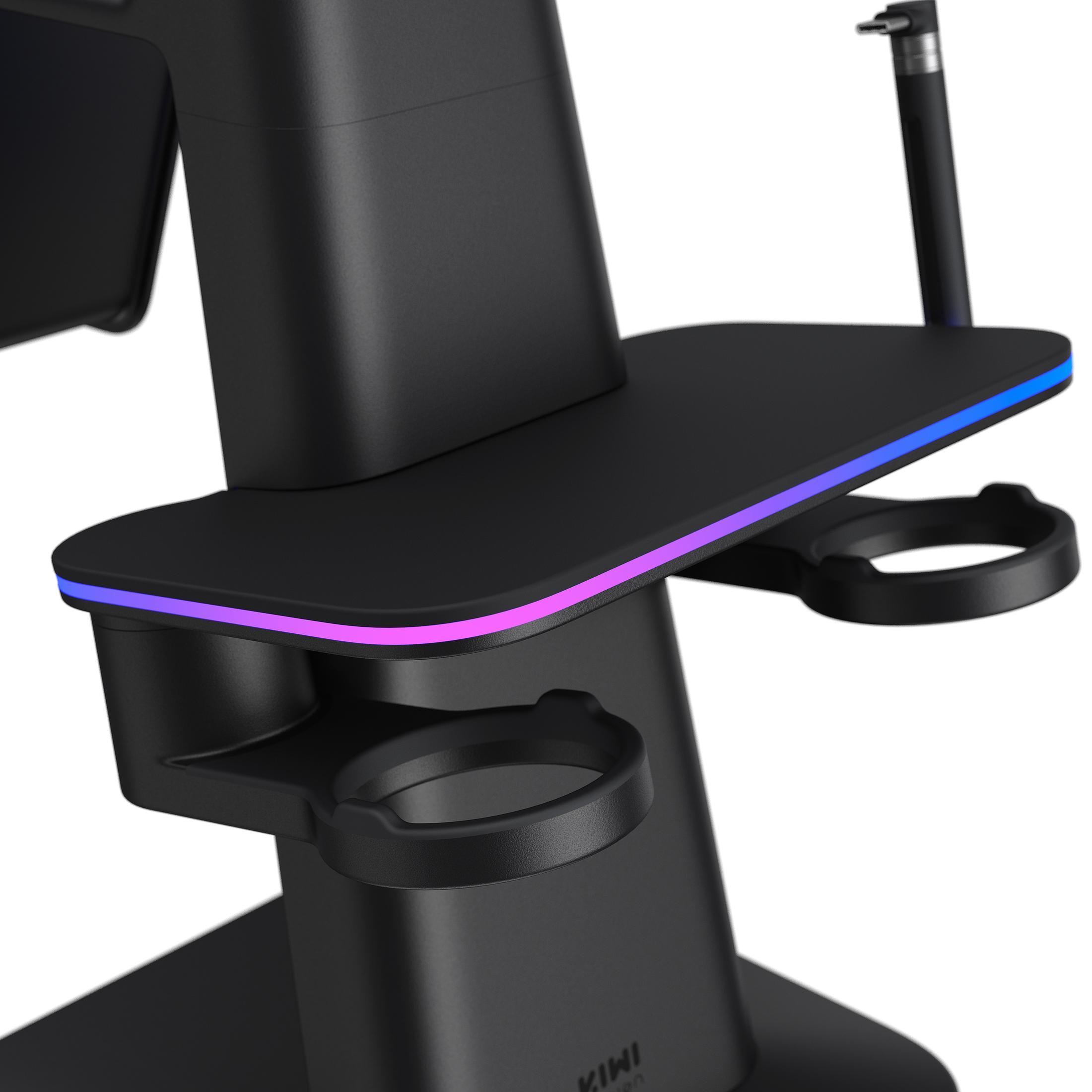 Soporte negro con iluminación LED de colores y soportes.