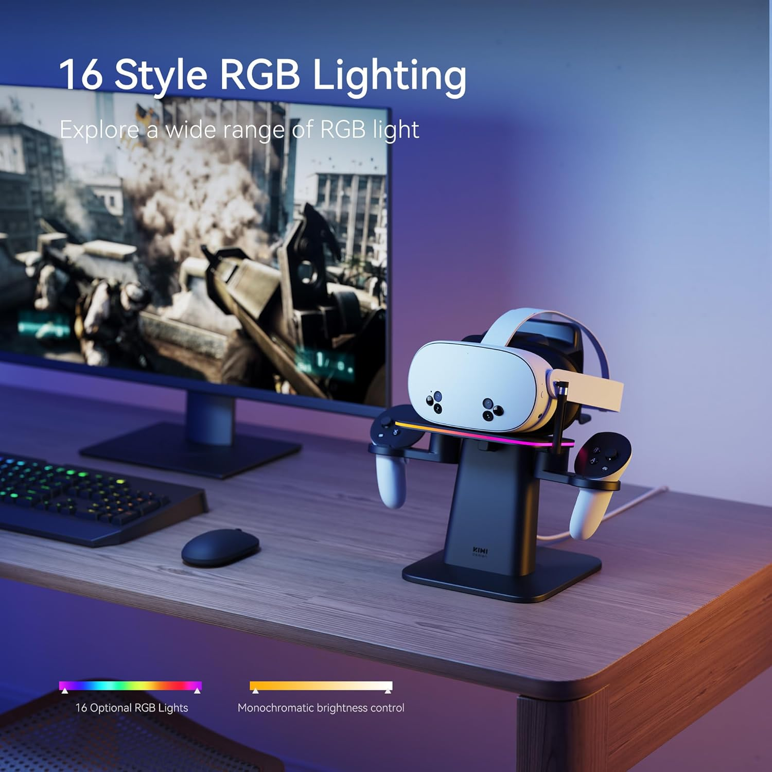 Un casco de RV y controladores en un soporte con iluminación RGB en un escritorio.