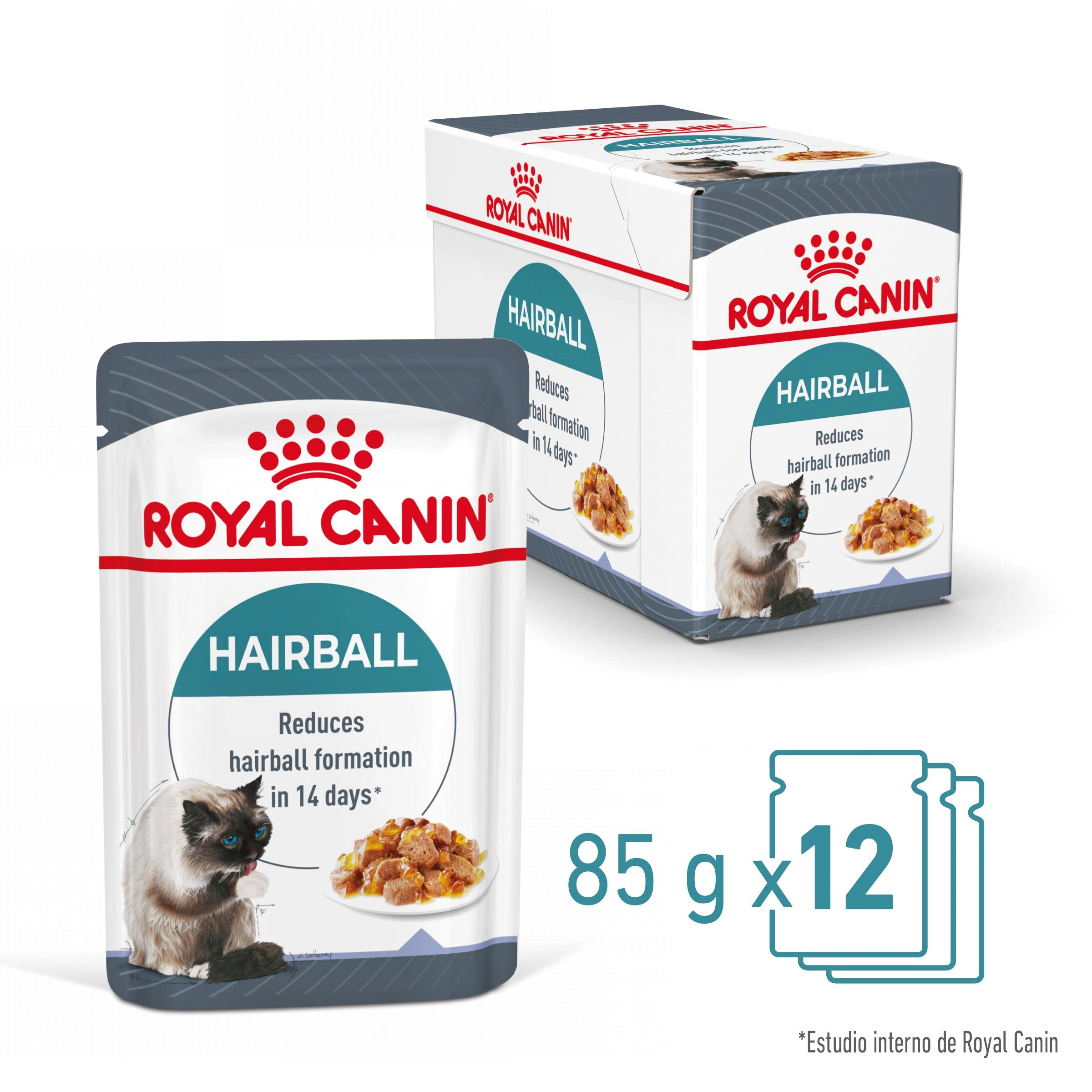 Comida Royal Canin para gatos Hairball: bolsa y caja, 85g x 12.