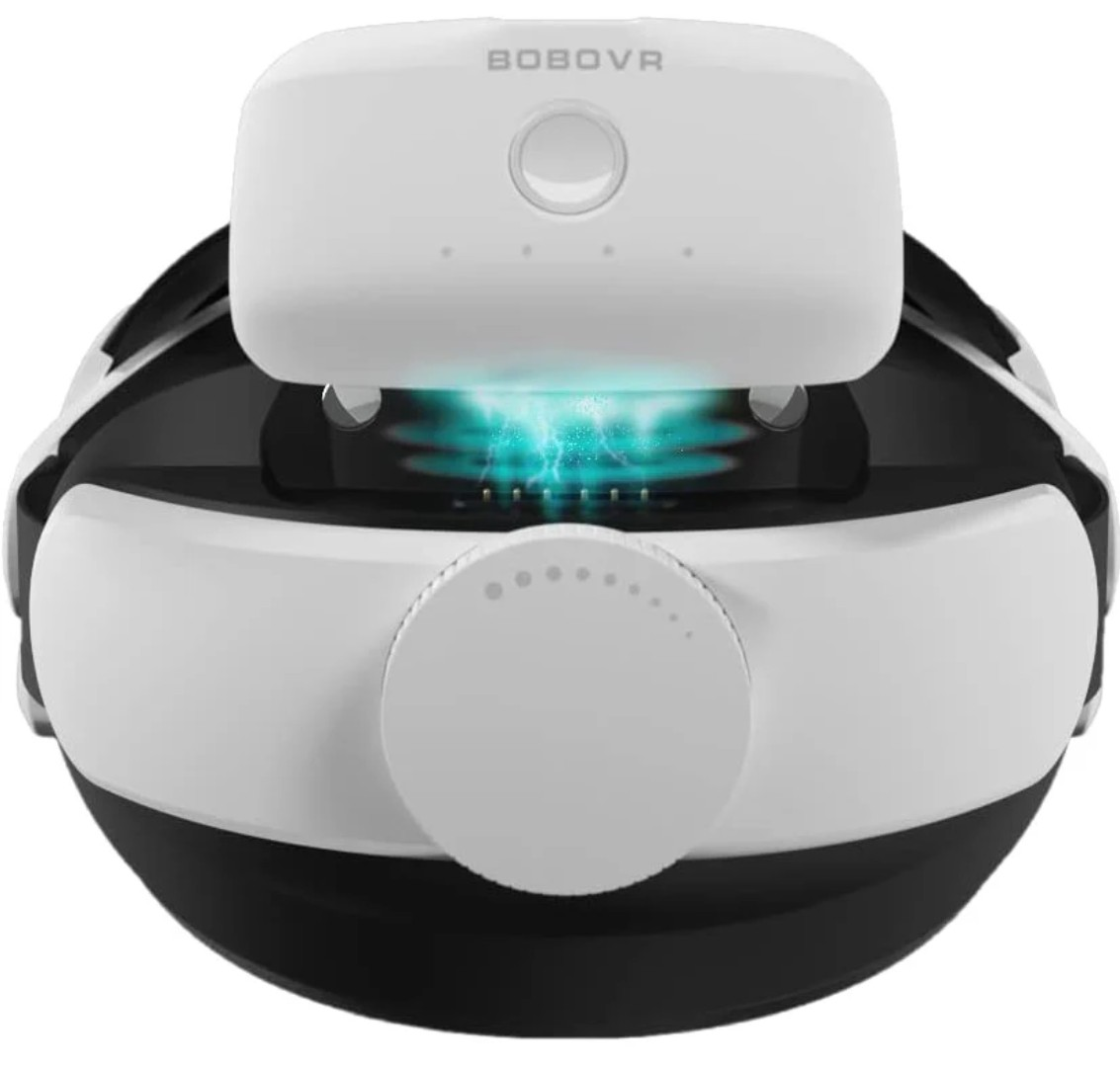 Auriculares VR blancos con efecto de luz azul y logo BOBOVR.
