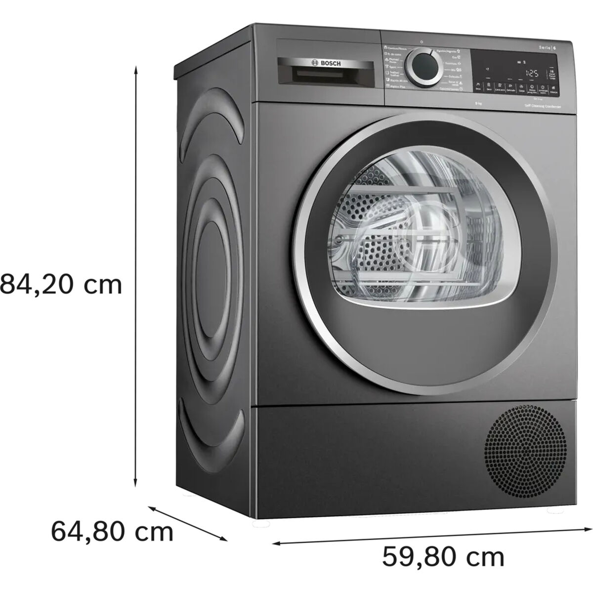 Secadora Bosch gris con puerta de cristal y panel de control.