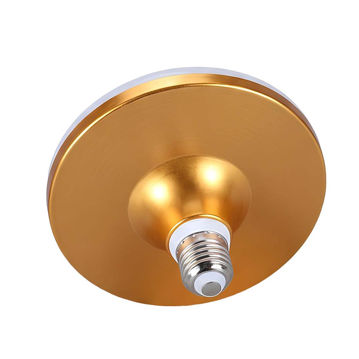 Una bombilla LED dorada con base plateada y borde blanco.
