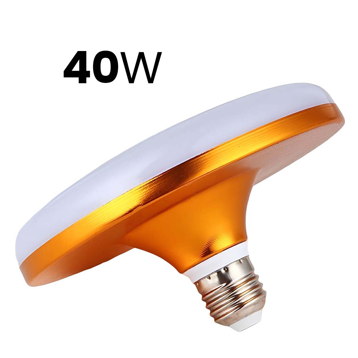 Una bombilla de 40W con parte superior blanca y borde dorado.