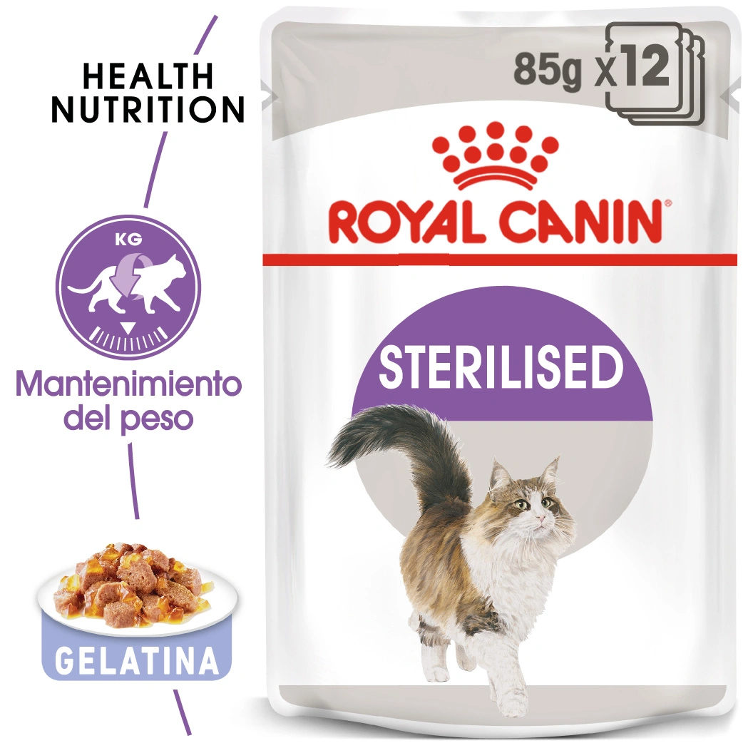 Bolsa de comida Royal Canin Sterilised para gatos con gato y muestra.