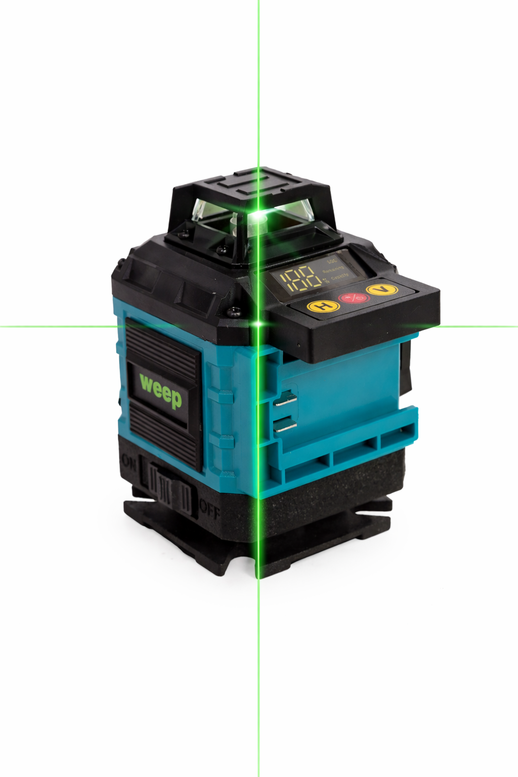 Ein grüner Laser-Nivellierer mit türkisfarbenem Gehäuse und schwarzem Deckel.