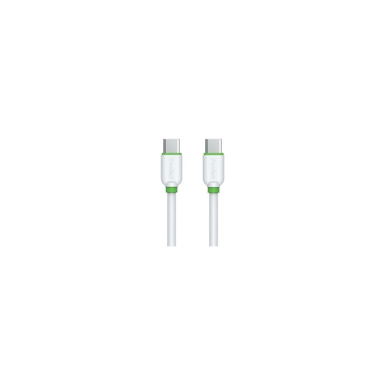 Yan yana duran yeşil detaylı iki beyaz USB-C kablosu.