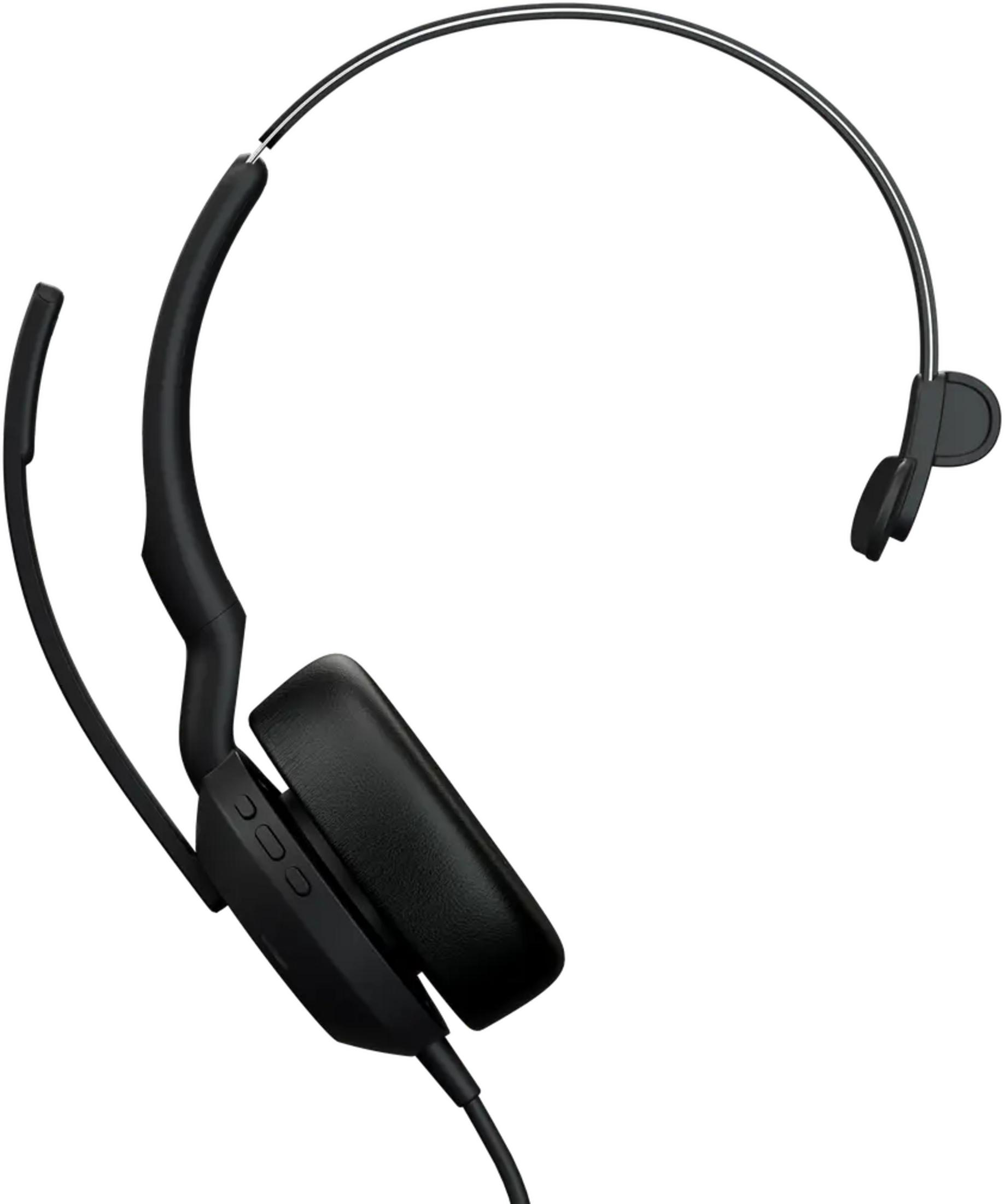 Un auricolare nero con braccio microfono e auricolare, isolato su bianco.