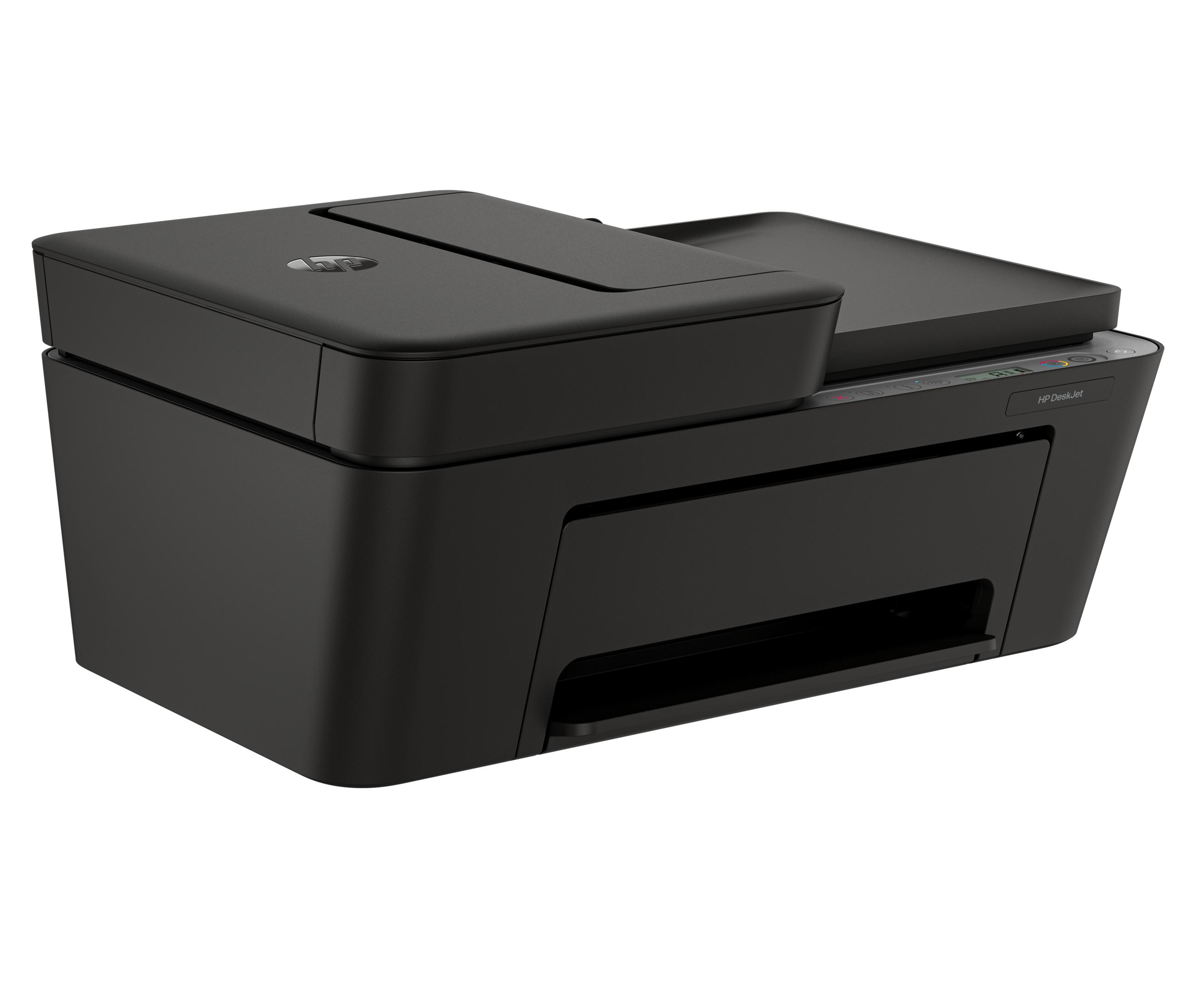 Una stampante HP DeskJet nera con scanner e copiatrice.