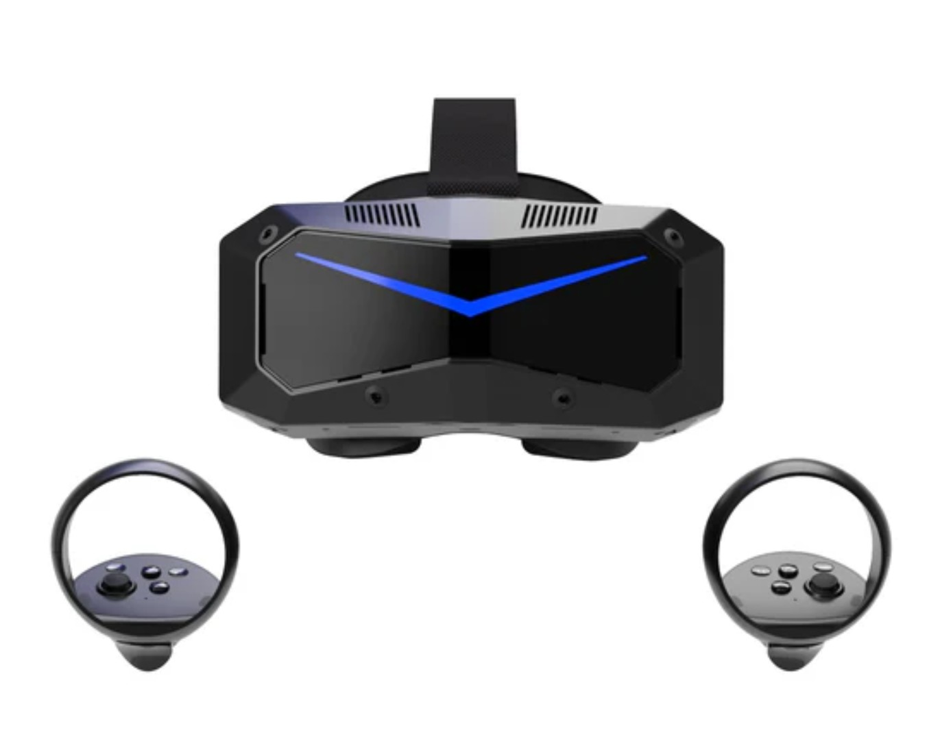 Un visore VR nero con accenti blu e due controller accanto.
