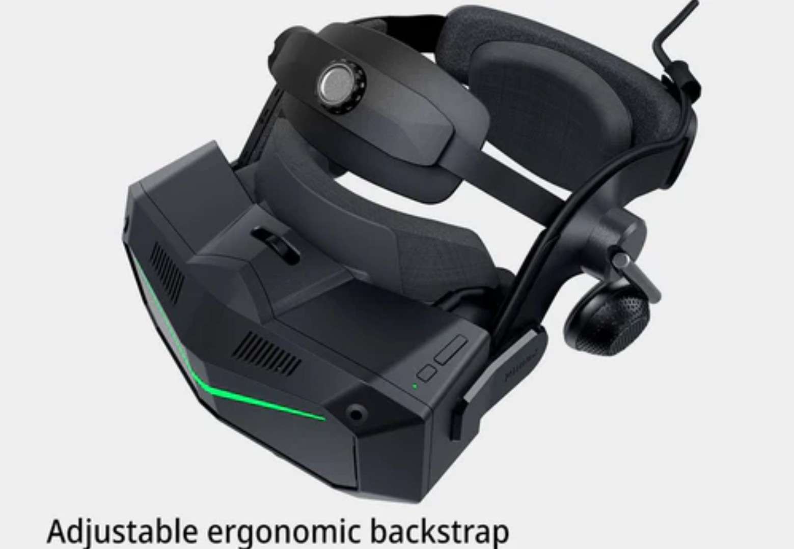Visore VR nero con illuminazione d'accento verde e cinghia regolabile.
