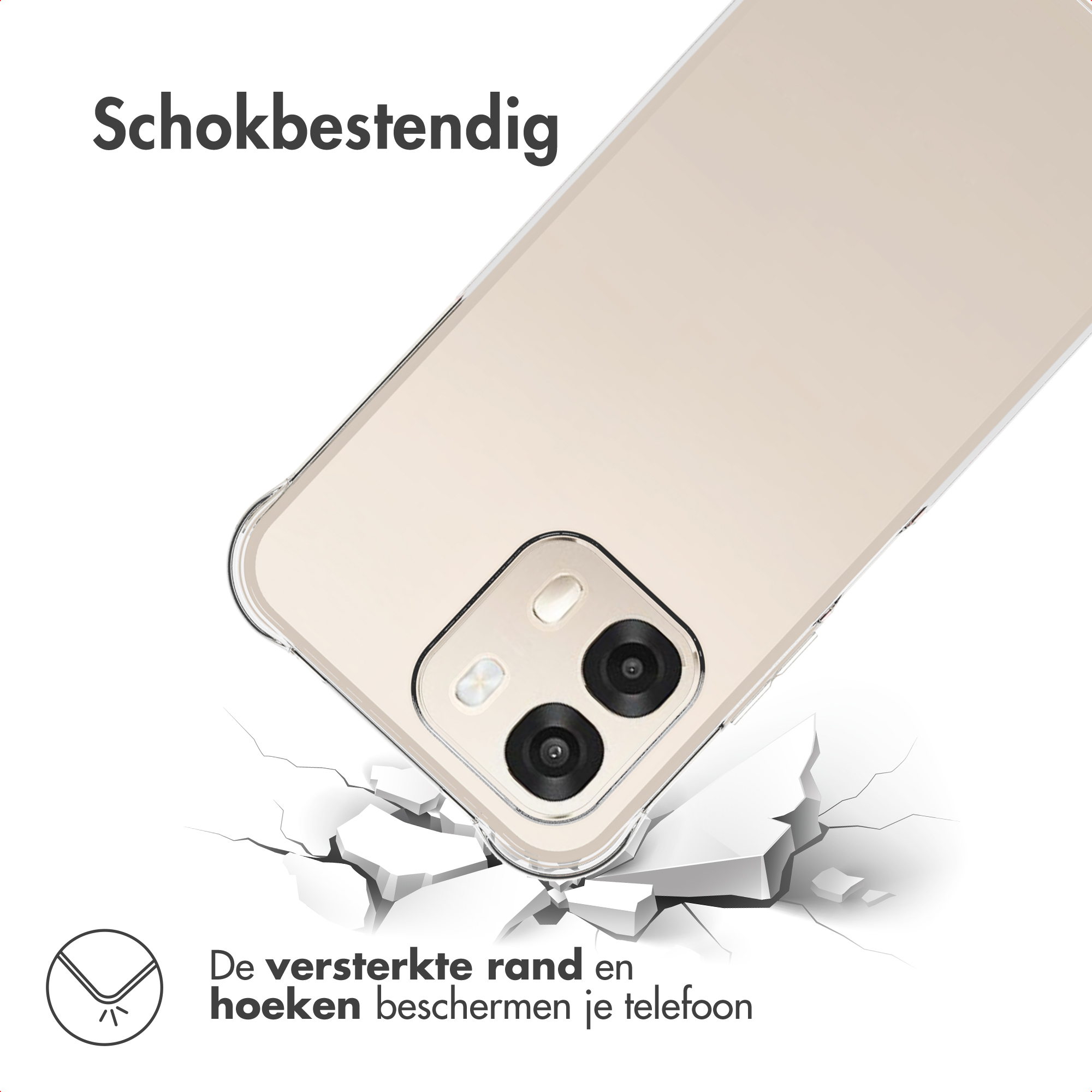 Een doorzichtige telefoonhoes beschermt een telefoon die op gebroken witte blokken valt.