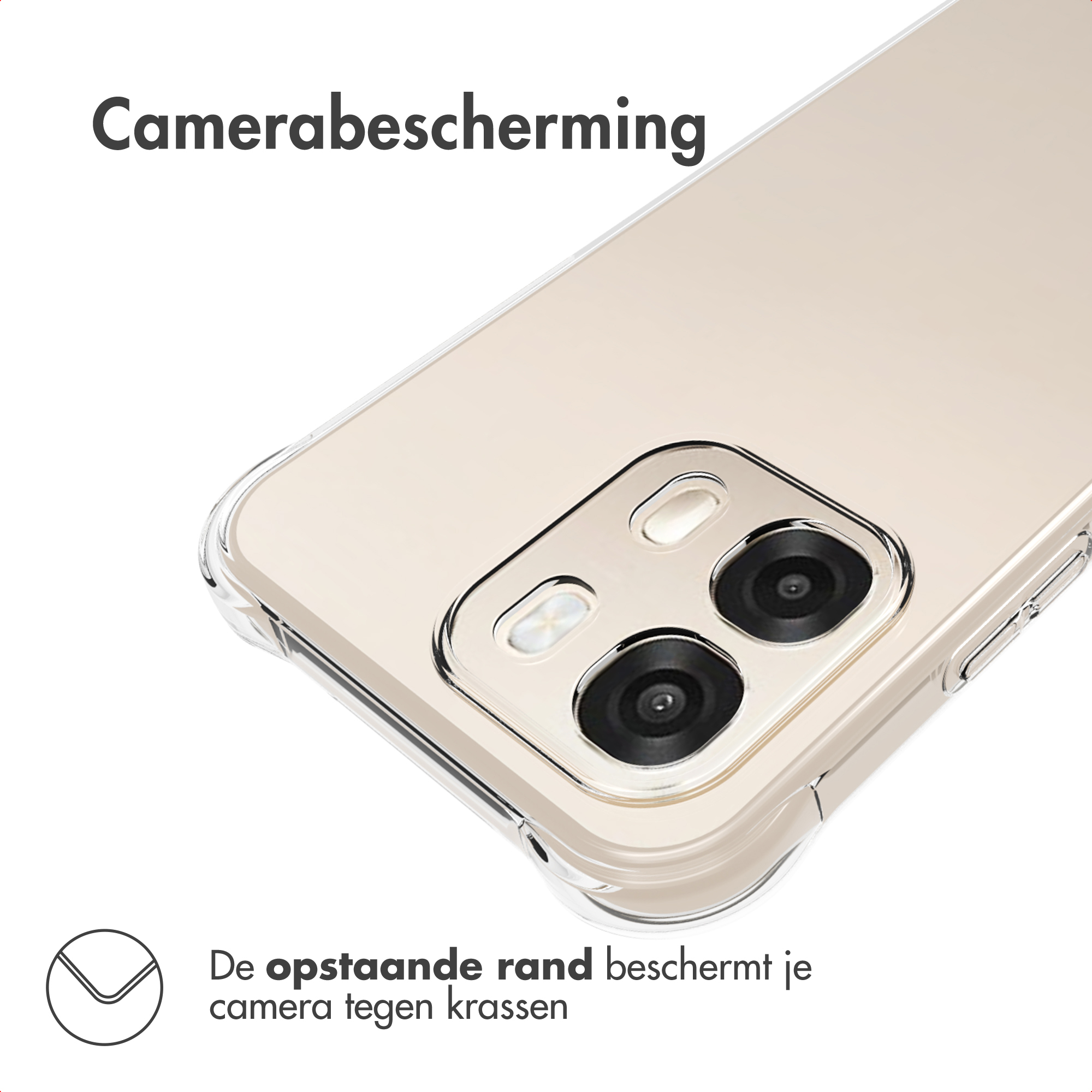 Een doorzichtige telefoonhoes met camera-uitsparing op een beige telefoon.