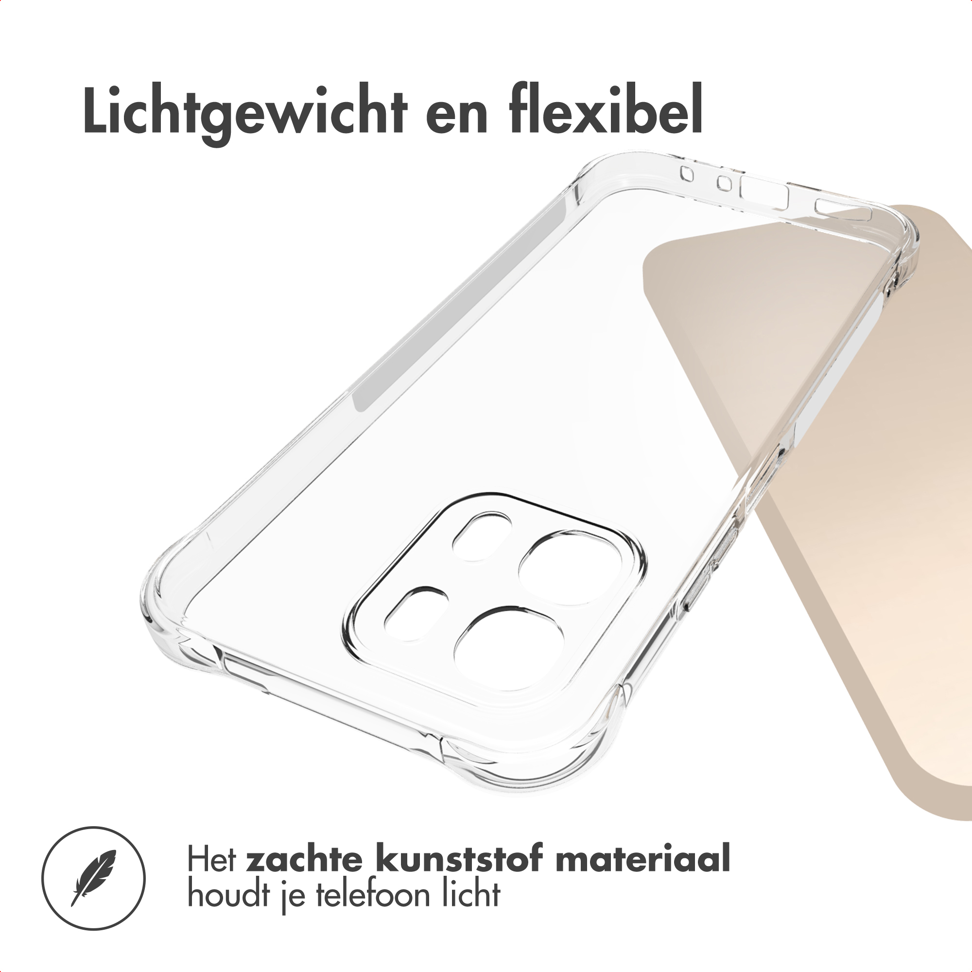 Transparante telefoonhoes met uitsparingen voor camera en knoppen.