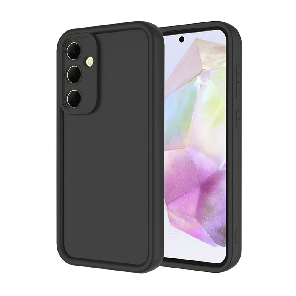 Arkada üç kamerası ve açılır ekranı olan siyah telefon kılıfı.