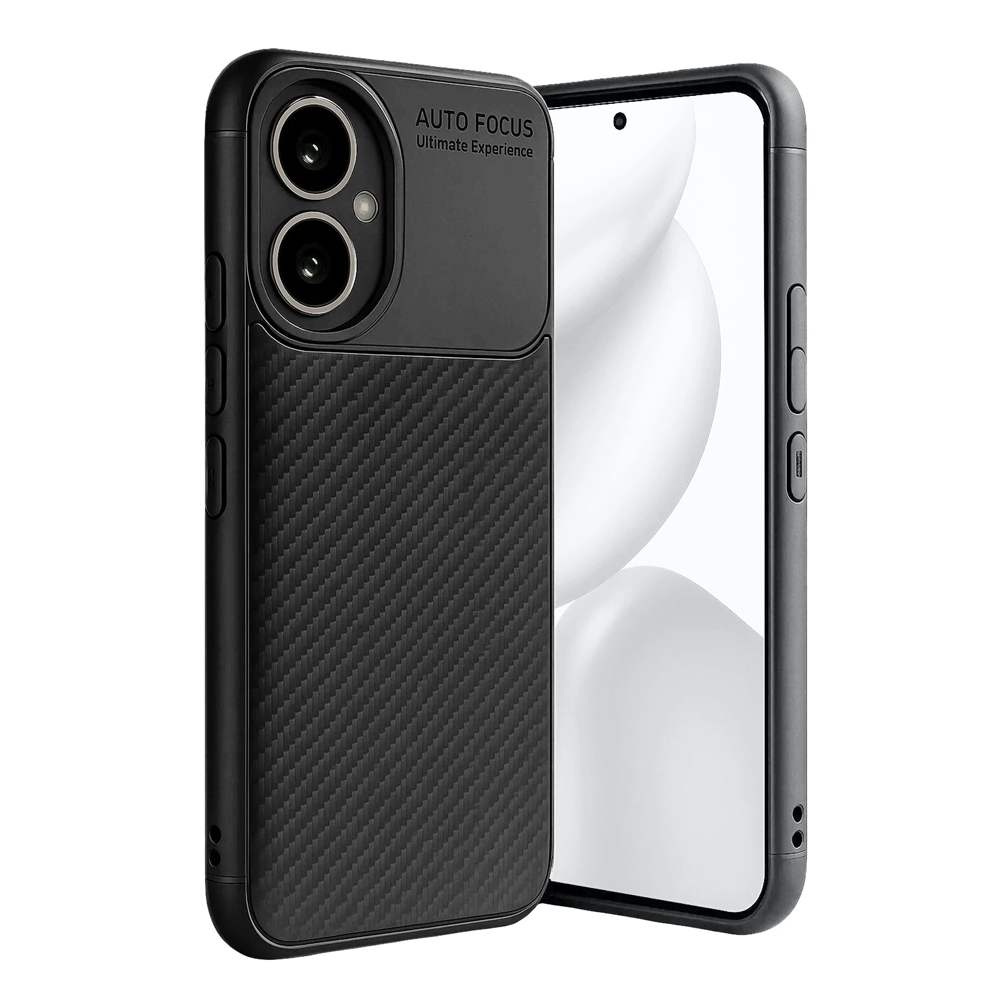 Karbon desenli, kamera yuvalı siyah telefon kılıfı.