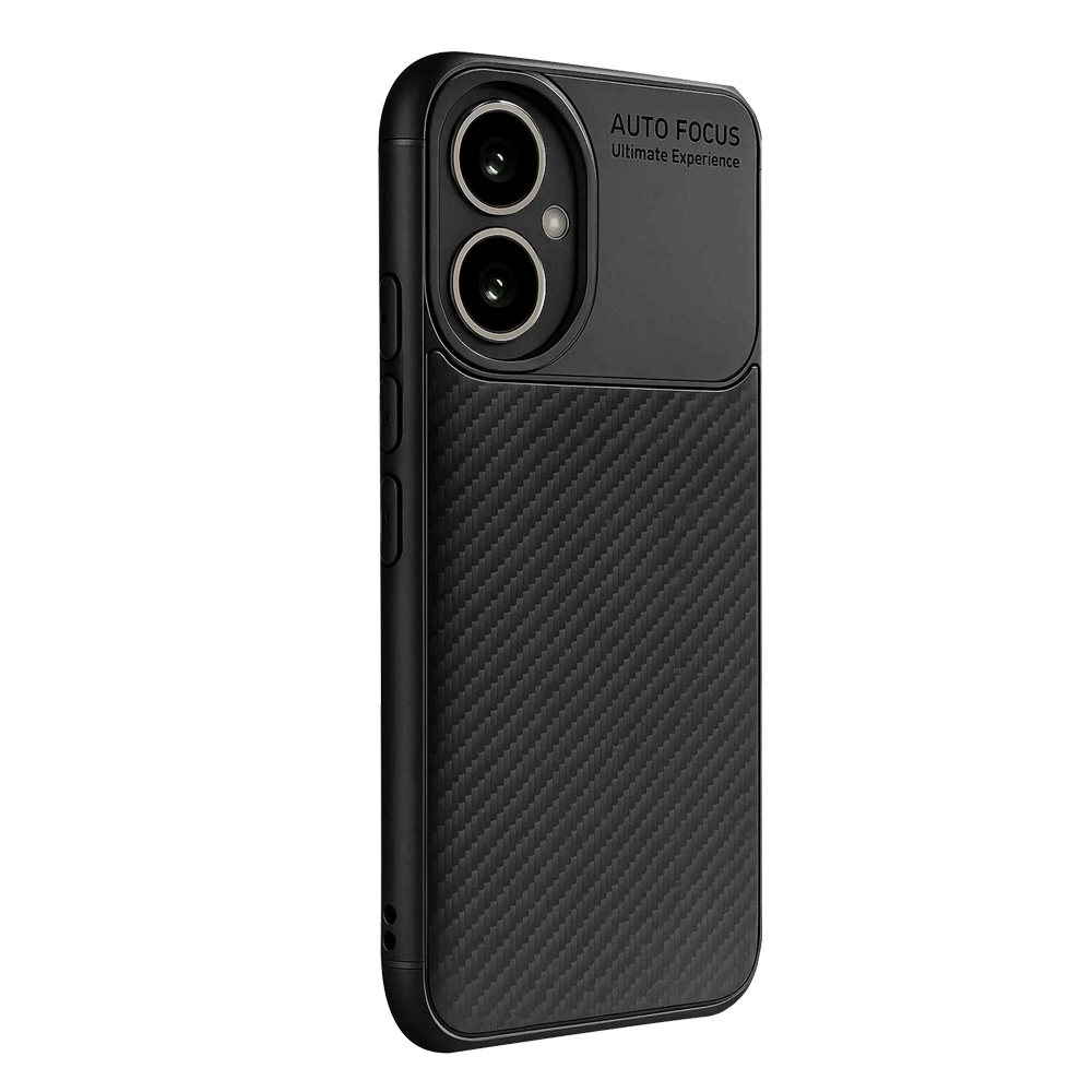 Karbon fiber dokulu, çift lensli siyah telefon kılıfı.