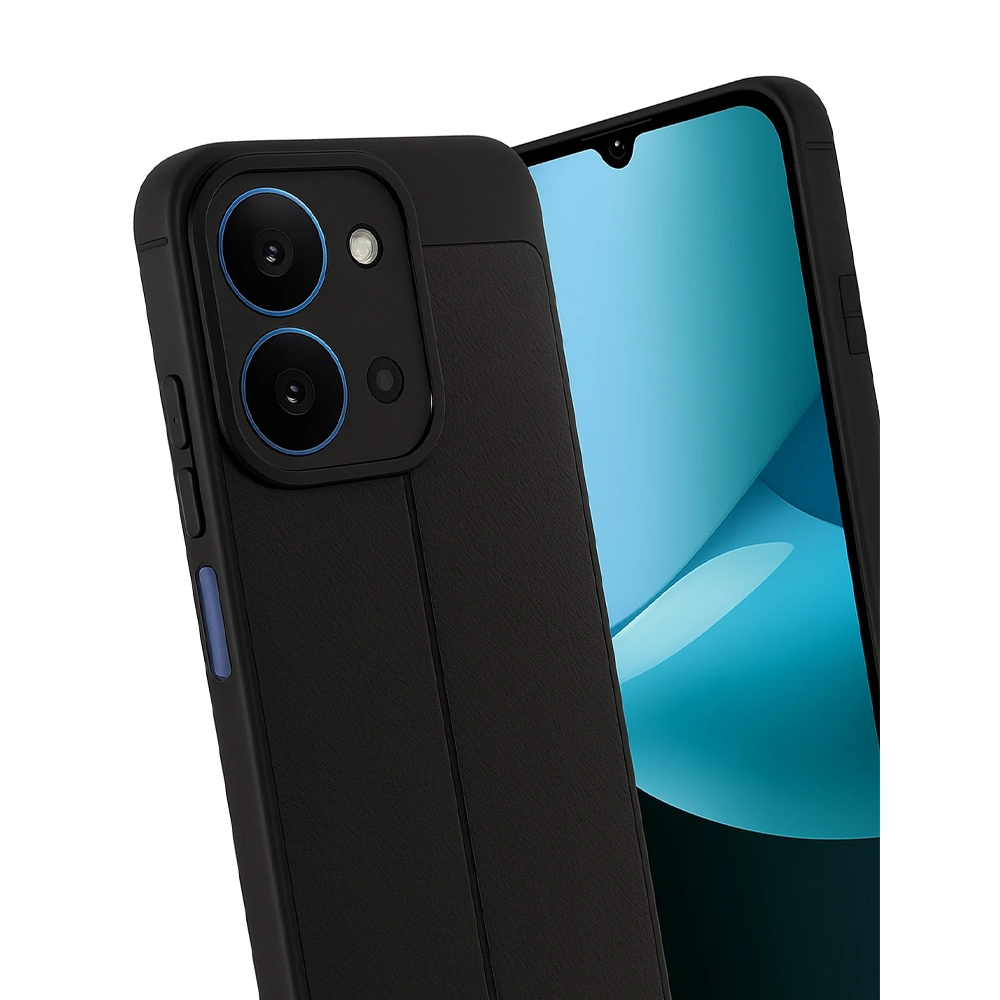 Mavi halkalı siyah telefon kılıfı, çift kamera. Ekran mavi arka plan gösteriyor.