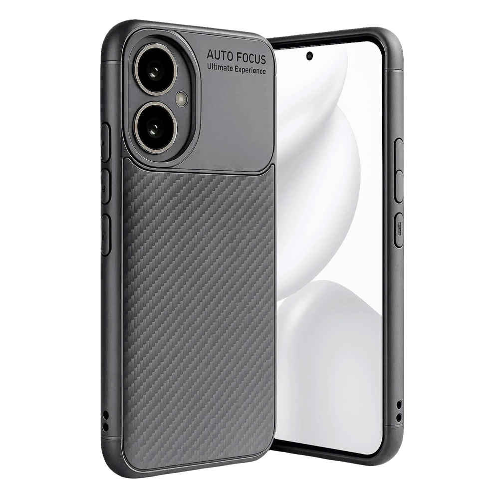 Karbon fiber dokulu, çift kameralı kesimli gri telefon kılıfı.