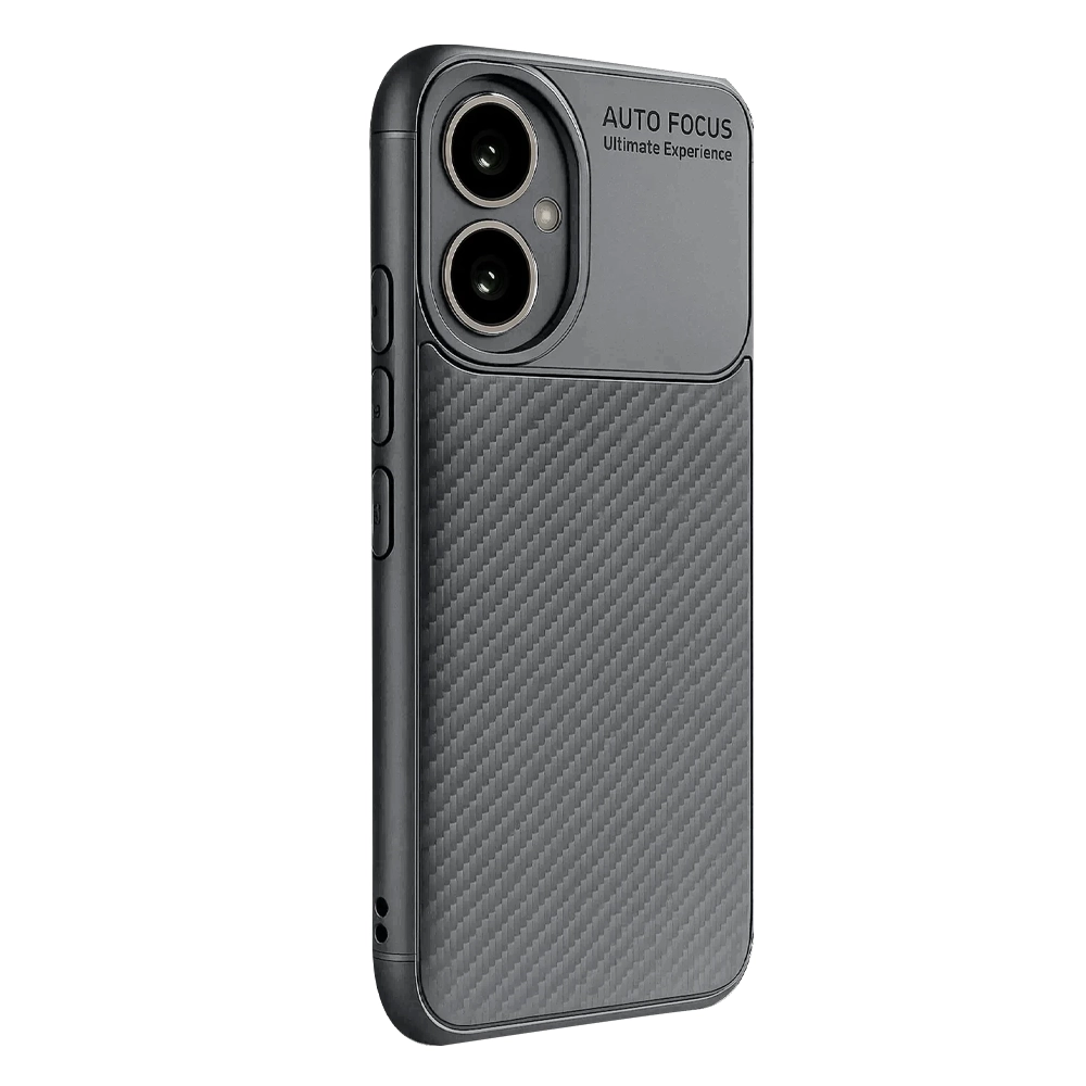 Karbon dokulu koyu gri telefon kılıfı ve üstte iki kamera lensi.