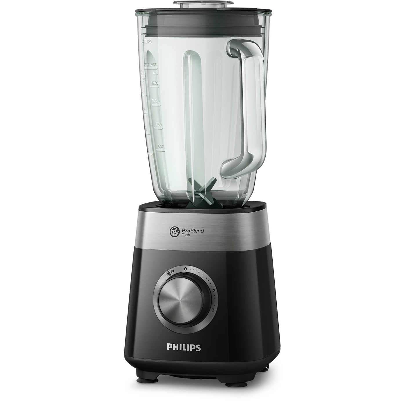 Gümüş kontrol panelli ve cam haznesi olan siyah blender, net işaretler.