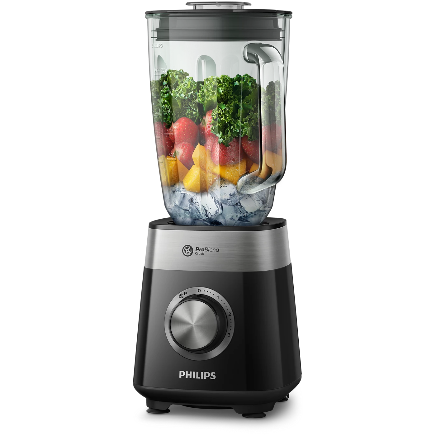 Philips blender, haznesinde buz, çilek, ananas ve lahana ile.