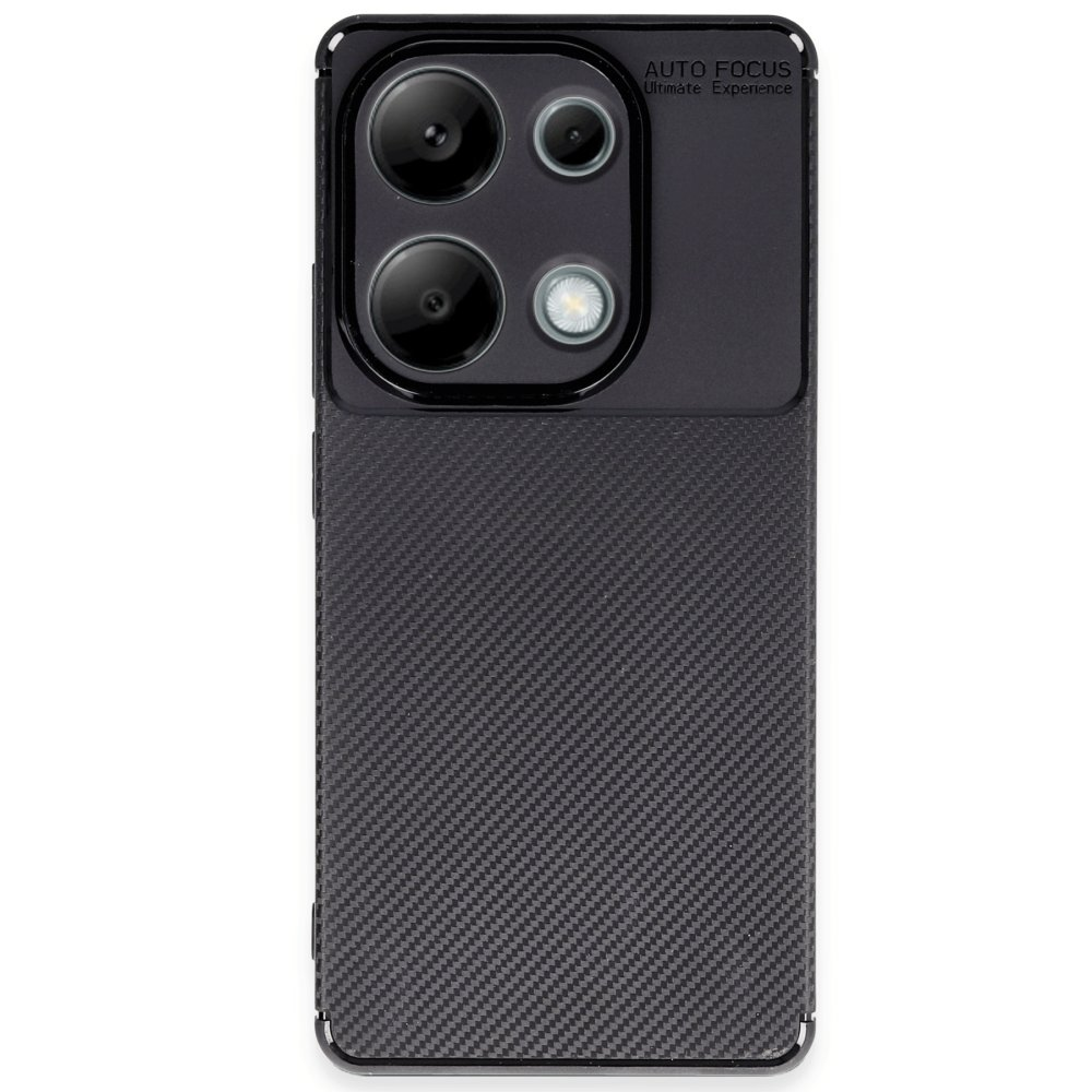 Karbon fiber dokulu siyah akıllı telefon kılıfının arka yüzü ve kamera modülü.