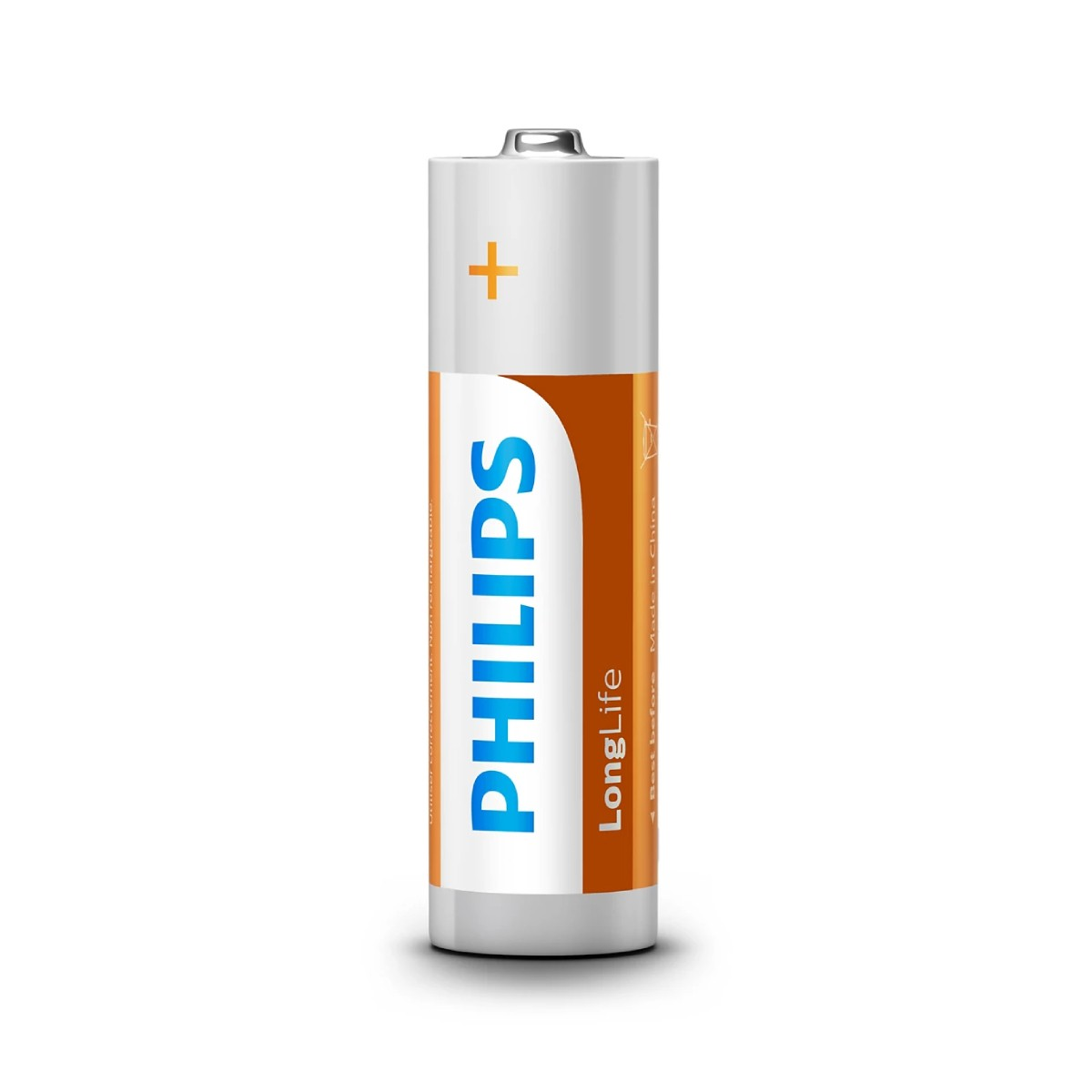 Een Philips LongLife batterij met een plus-symbool op witte achtergrond.