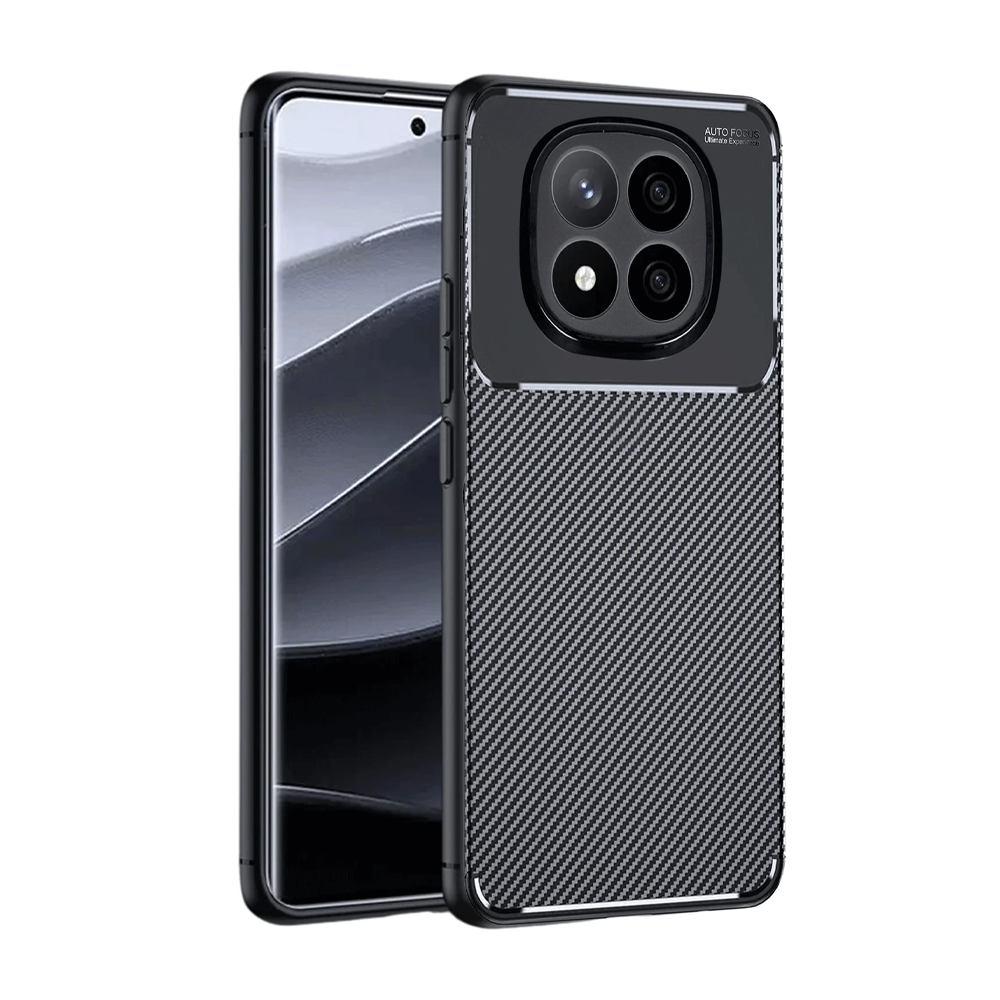 Karbon fiber dokulu siyah telefon kılıfı ve dört kamera lensi.