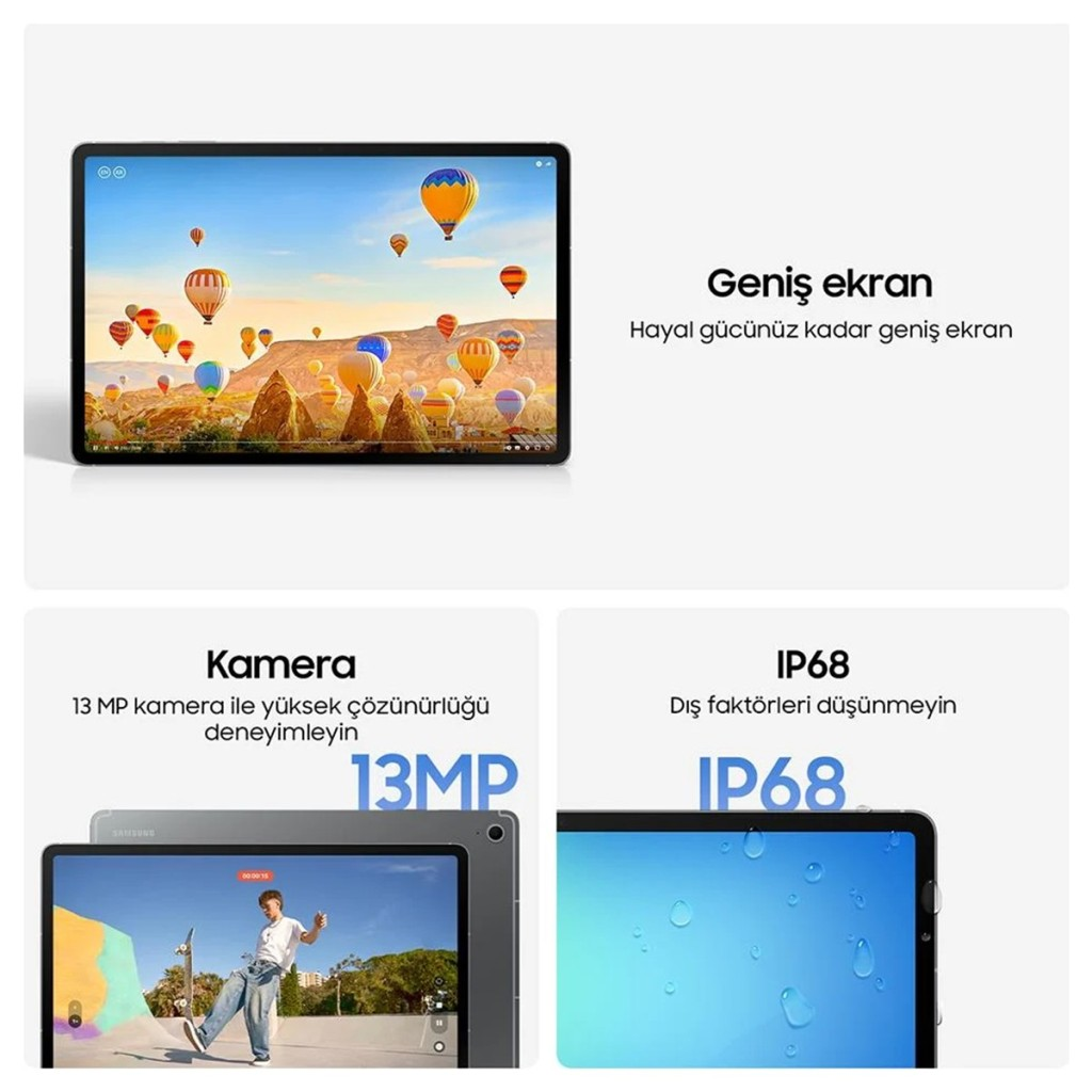 Tablet sıcak hava balonları gösteriyor. Alt kısım kamera ve IP68 derecesini gösterir.