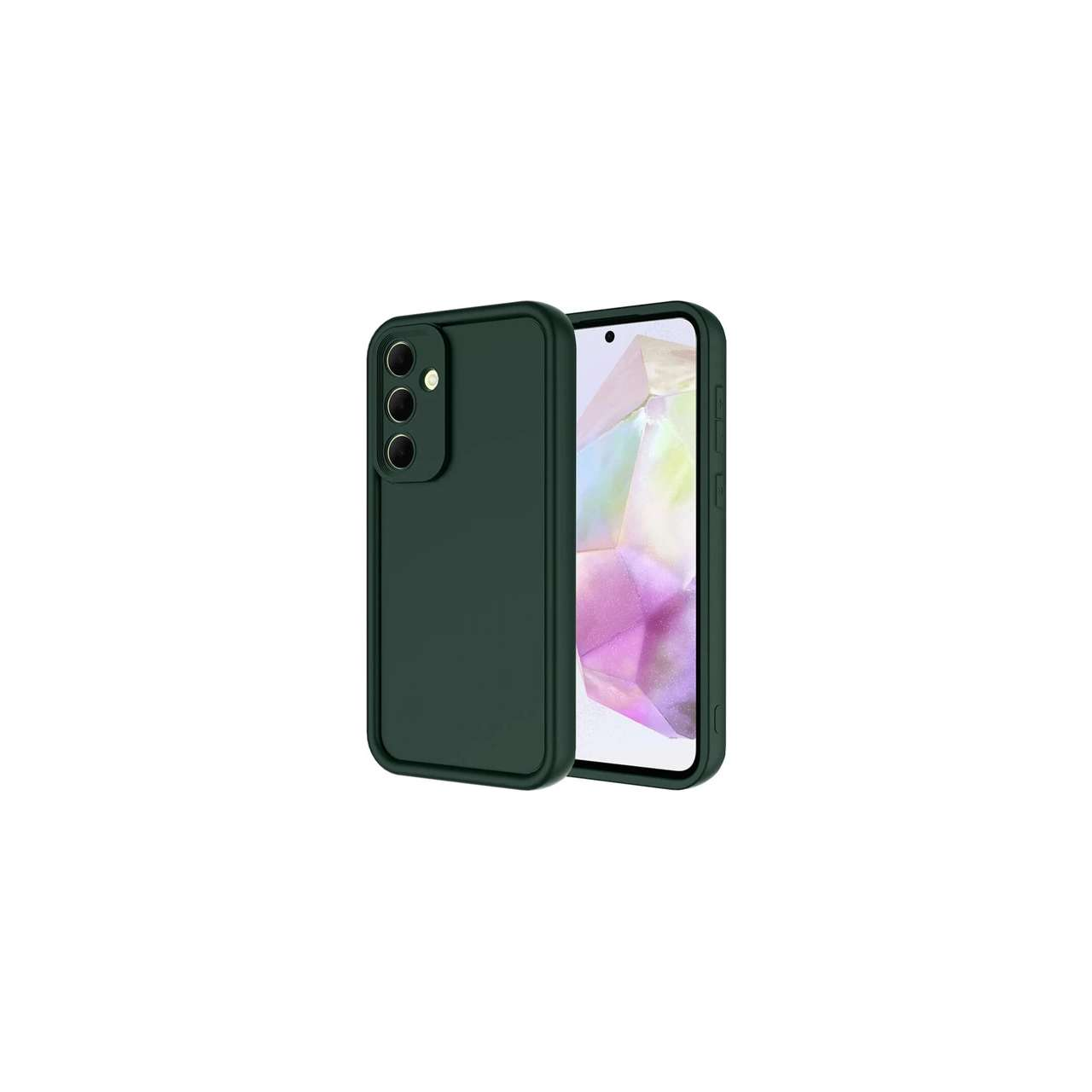 Üç kamera lensli koyu yeşil telefon kılıfı, akıllı telefonun yanında.
