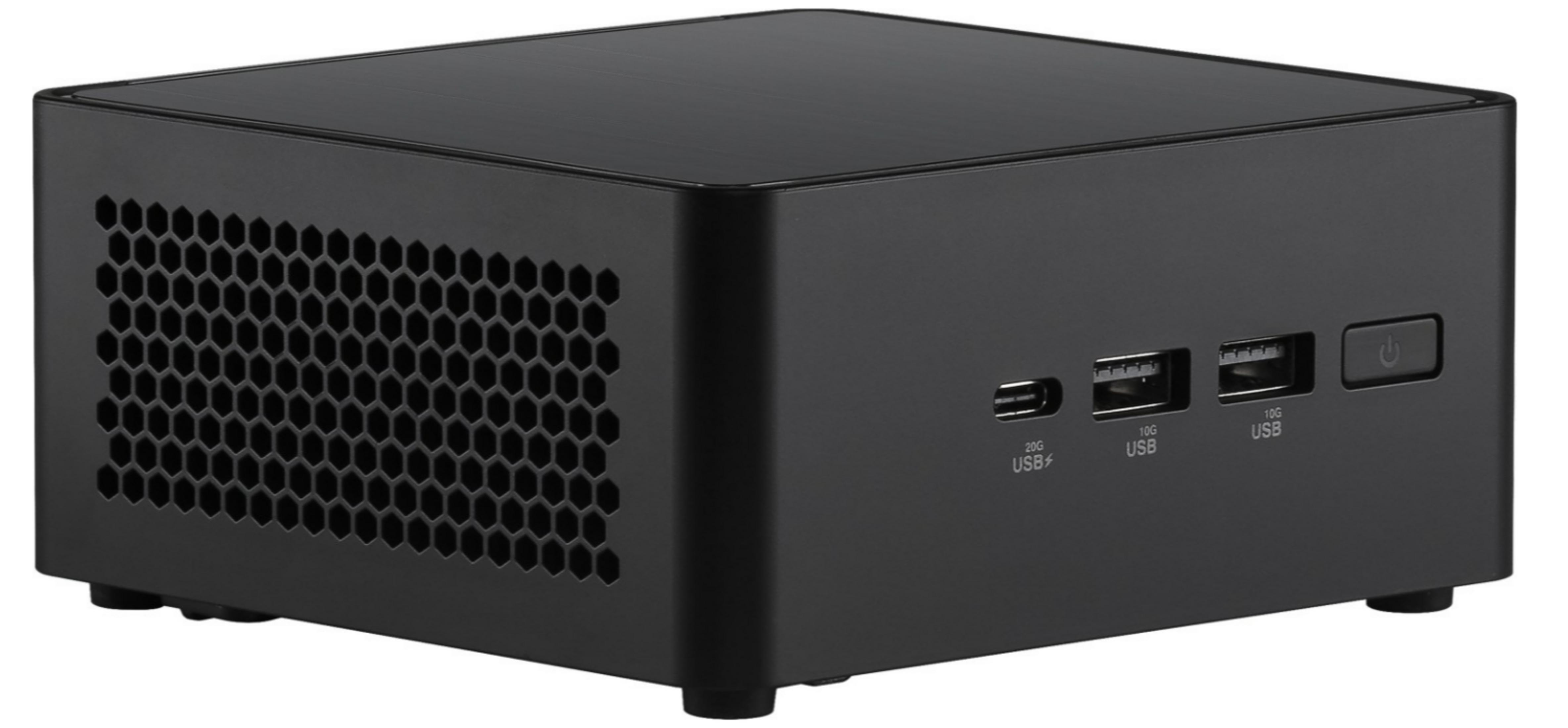 Un mini PC negro con rejillas de ventilación y puertos USB.