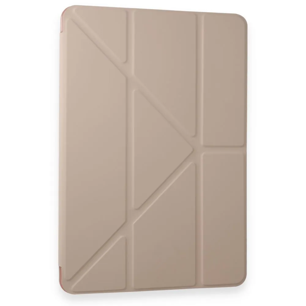 Geometrik desenli ve katlanmış ön kapaklı bej tablet kılıfı.