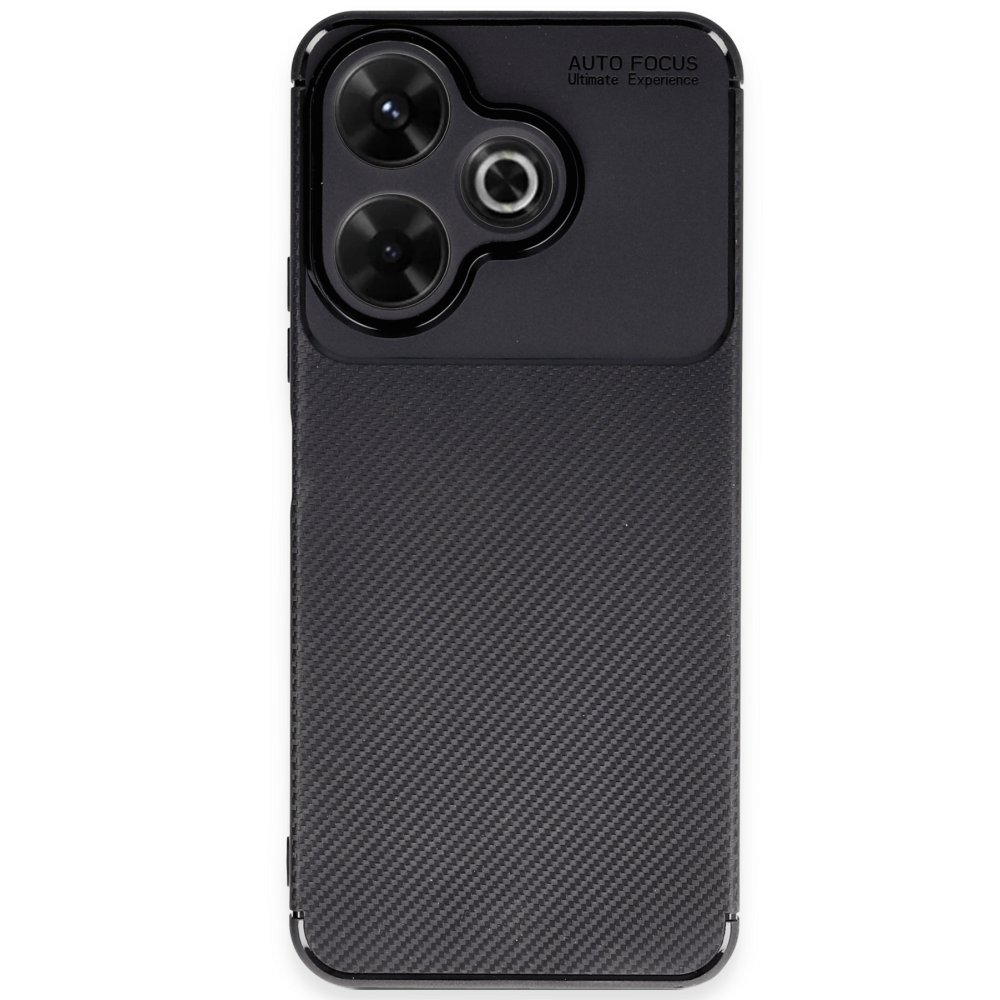 Karbon fiber dokulu, üçlü kamera lensli siyah telefon kılıfı.