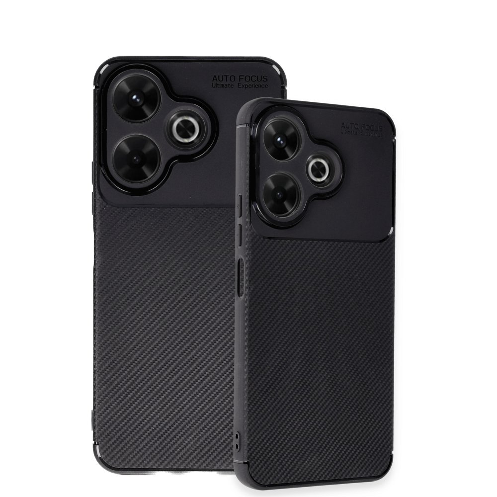 Karbon fiber dokulu iki siyah telefon kılıfı, biri diğerinden daha büyük.