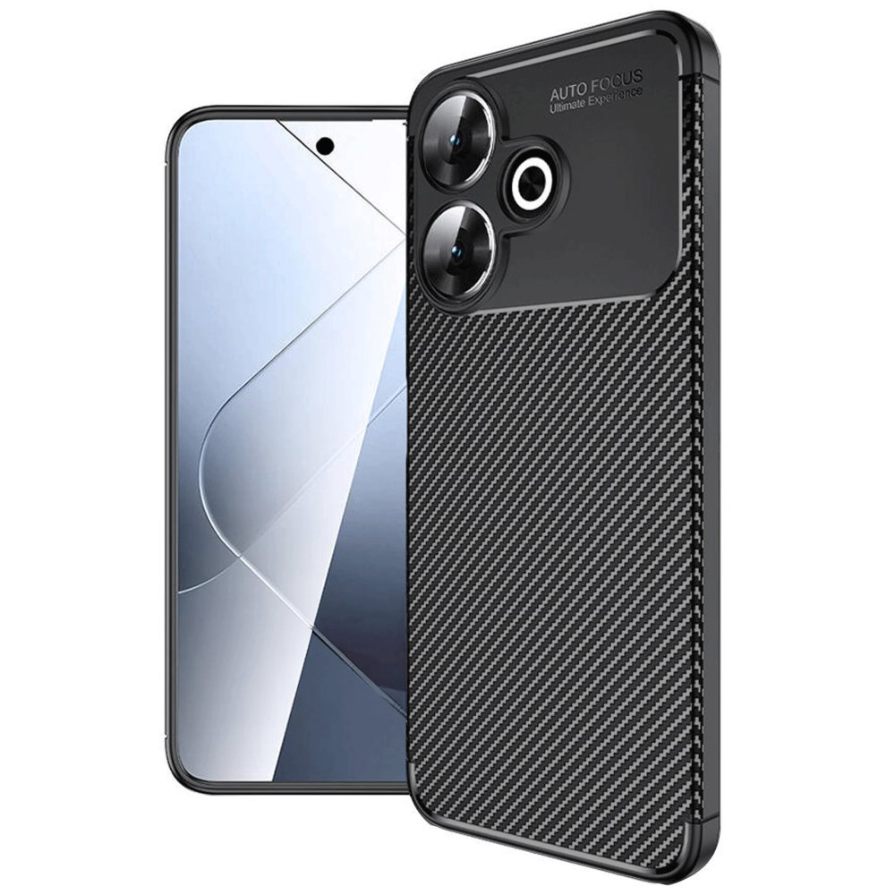 Solda siyah cep telefonu, yanında karbon fiber dokulu kılıf.