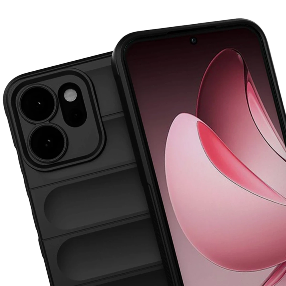 Üçlü kameraya sahip siyah telefon ve pembe ekran arka planı.