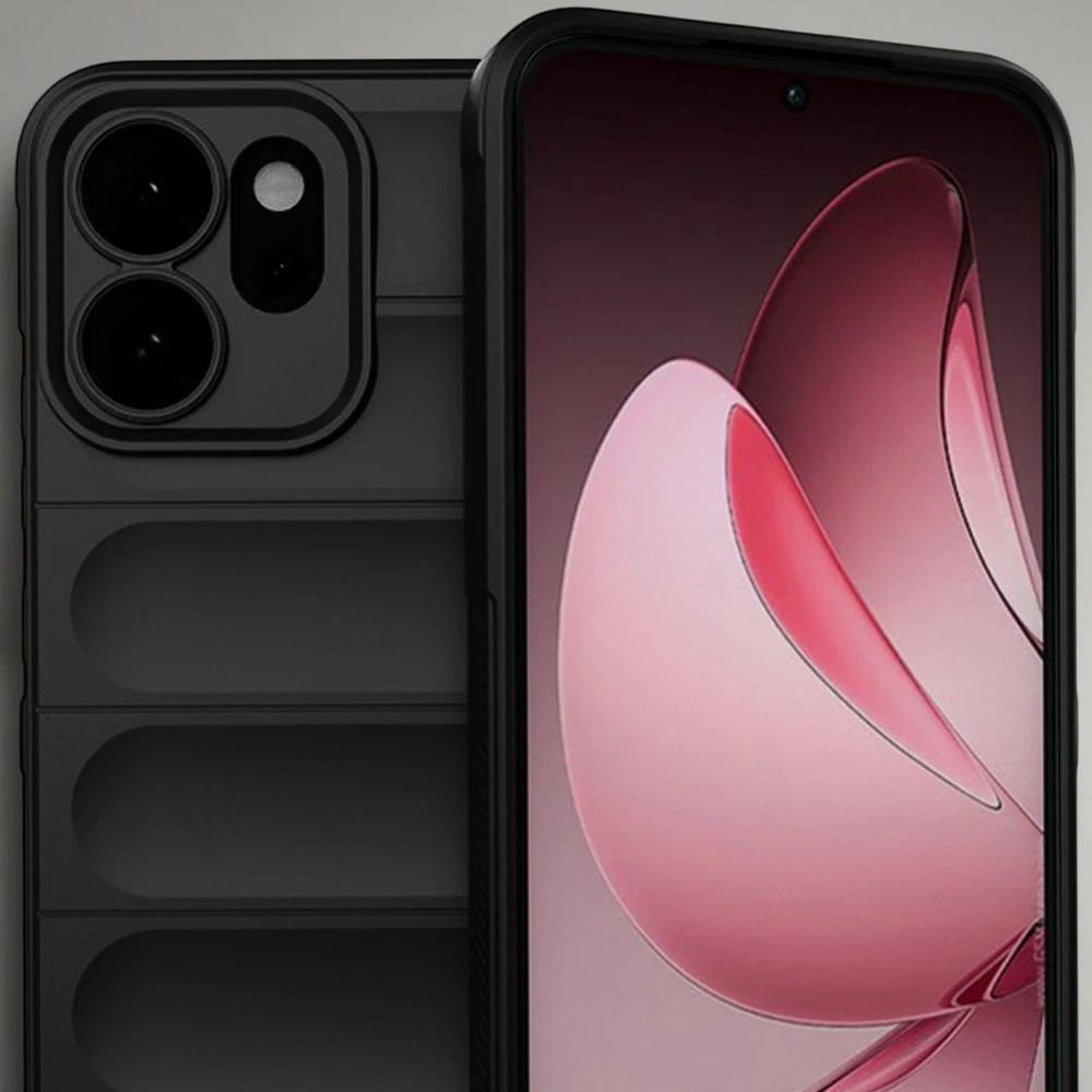 Üç kameralı siyah akıllı telefon ve pembe duvar kağıdı.