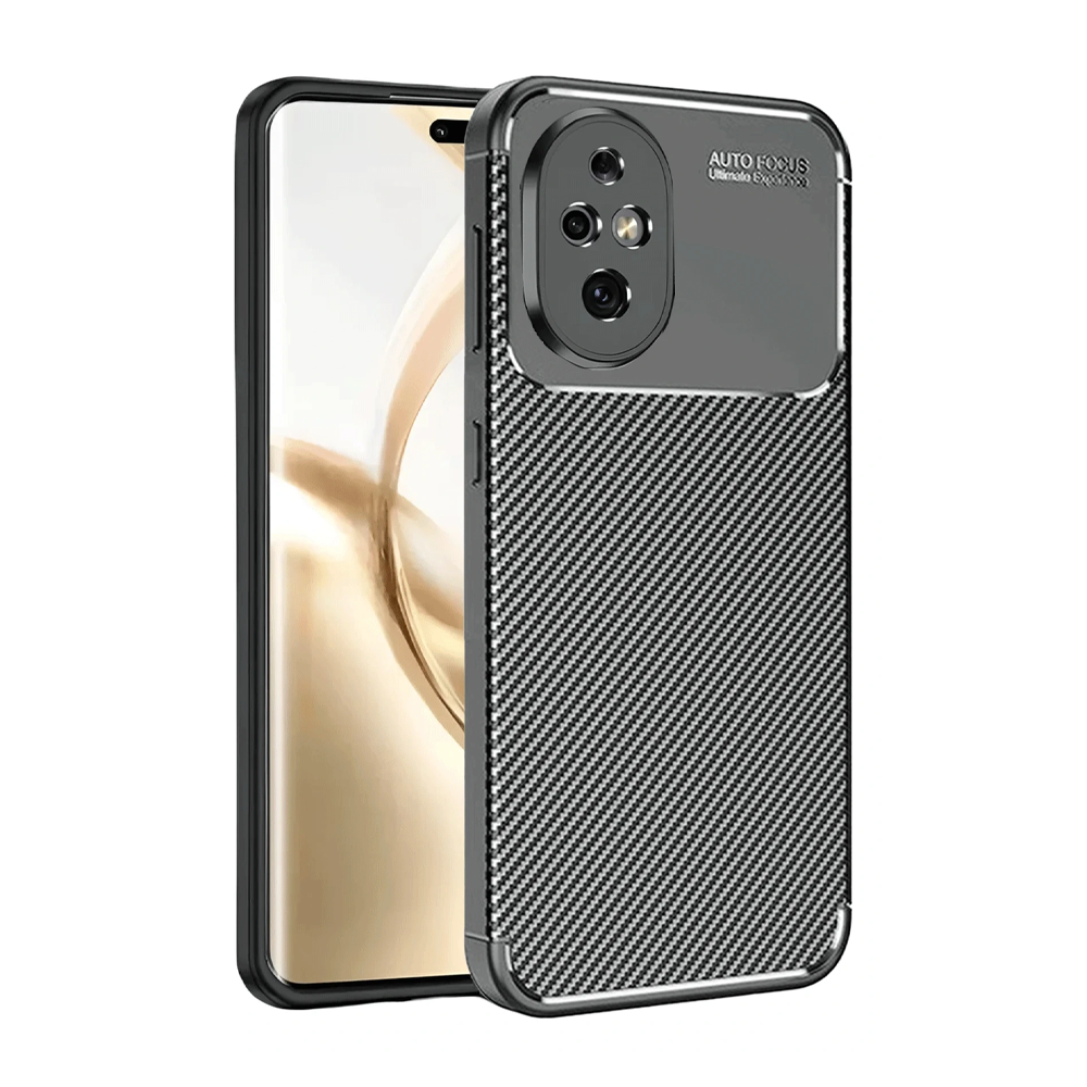 Karbon desenli ve kamera modüllü siyah telefon kılıfı.