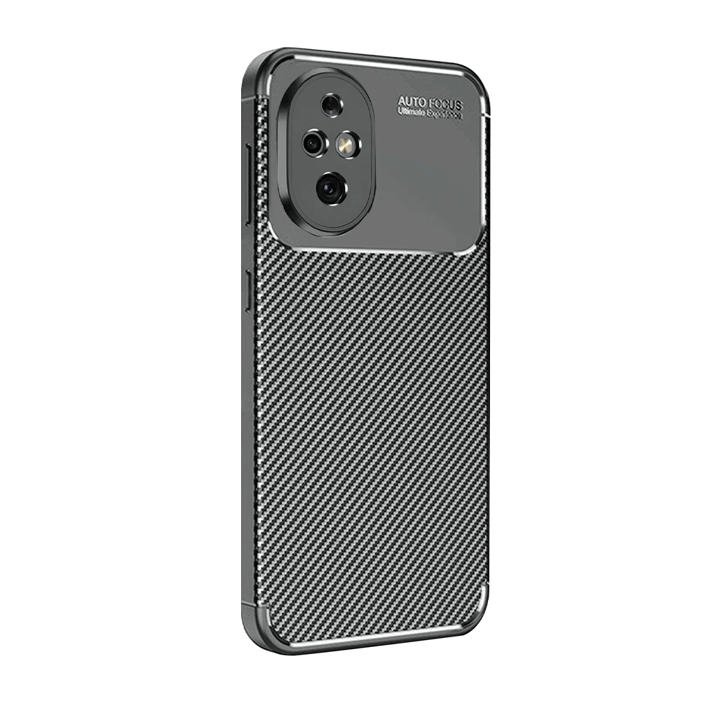 Karbon fiber desenli, üstte kamera oyuğuna sahip siyah telefon kılıfı.