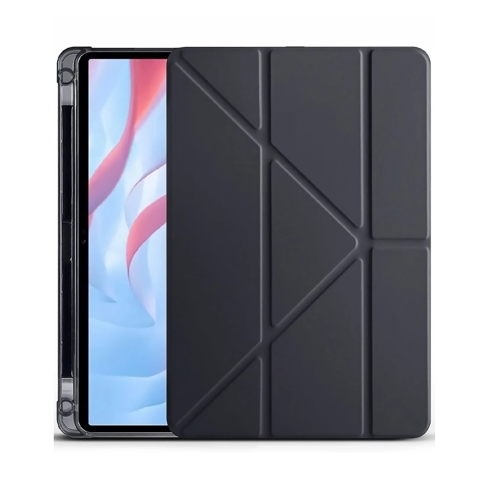 Kapaktaki geometrik desenli siyah tablet kılıfı.
