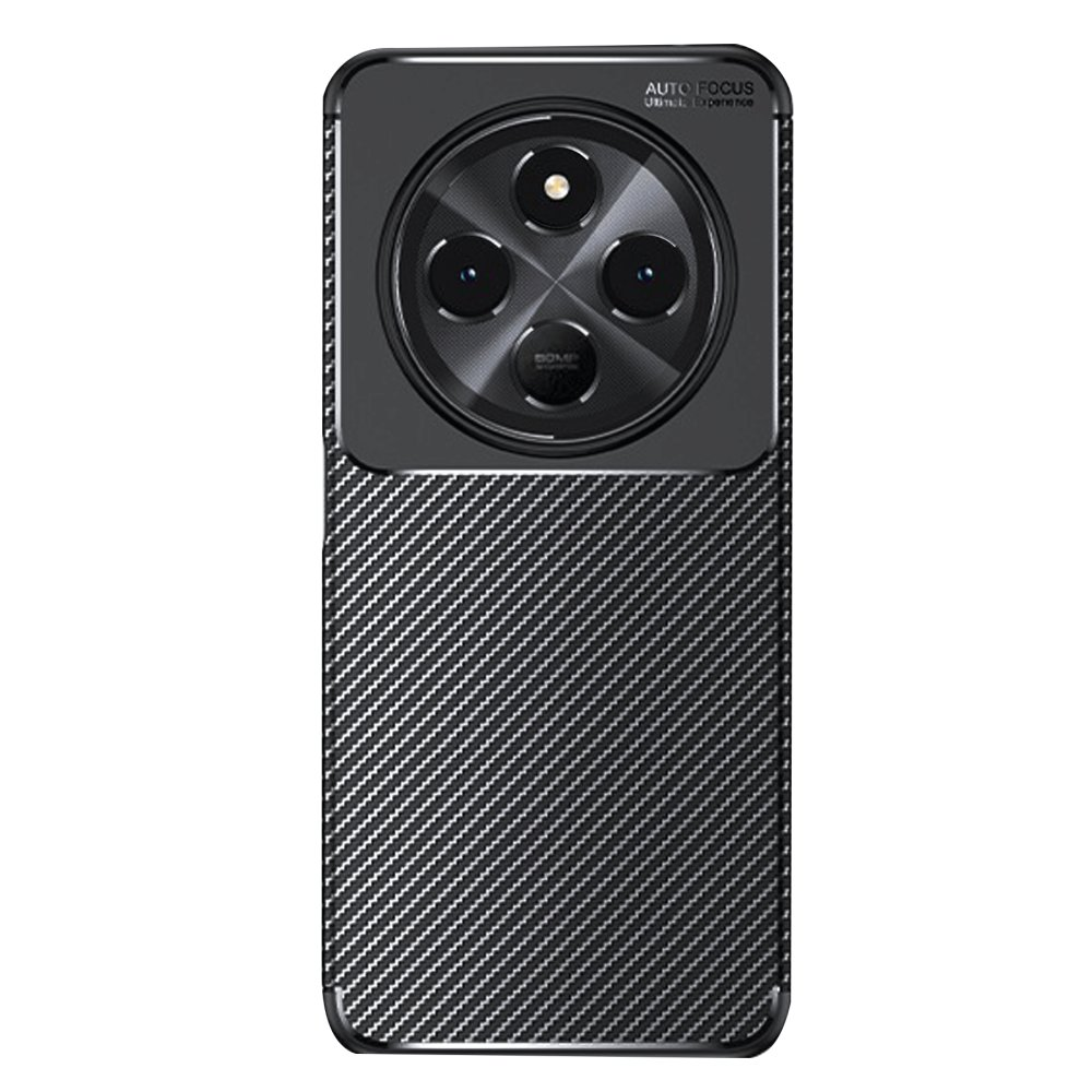 Karbon fiber dokulu, dörtlü kamera düzenekli siyah telefon kılıfı.