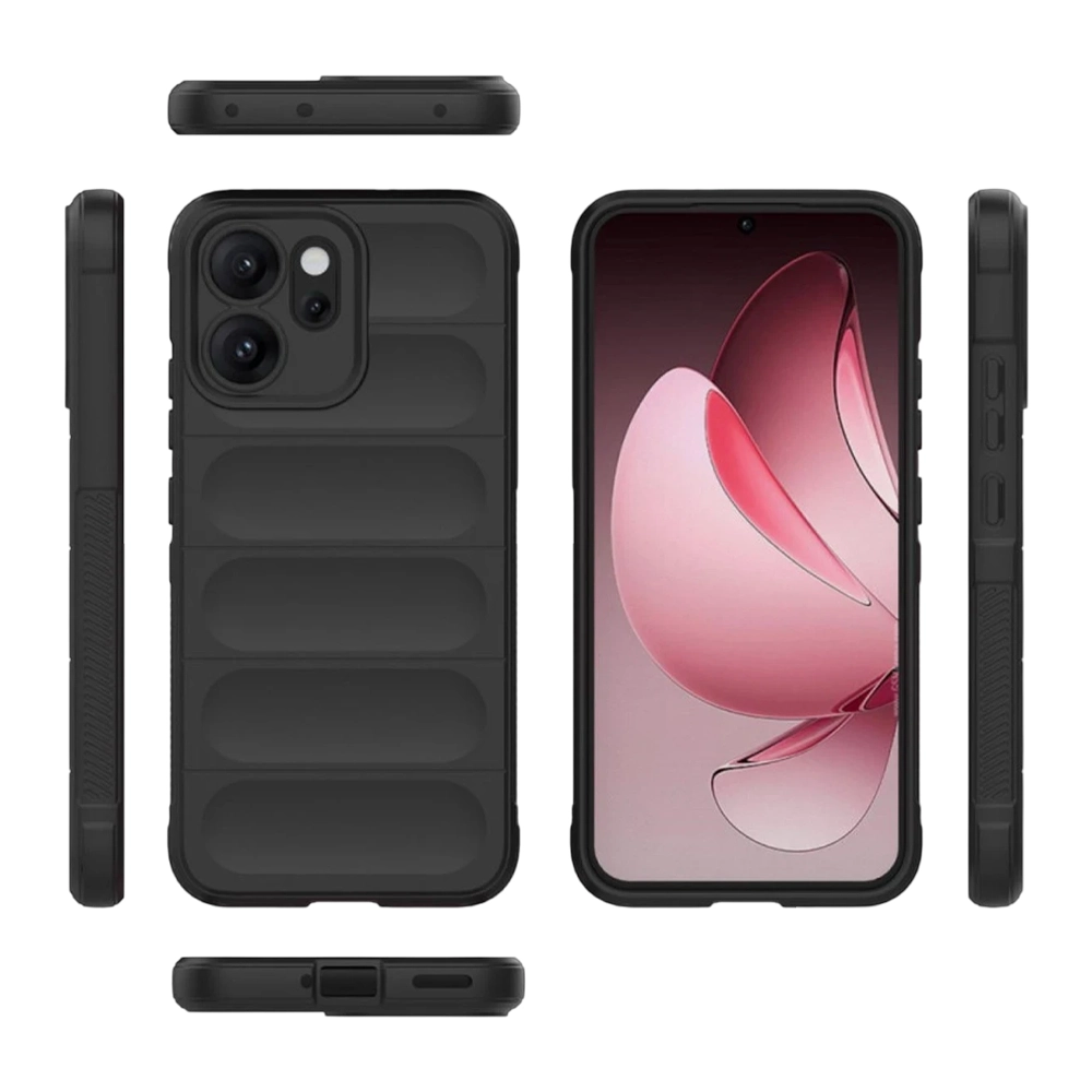 Pembe arka plana sahip, dolgulu tasarımlı siyah telefon kılıfı ve akıllı telefon.