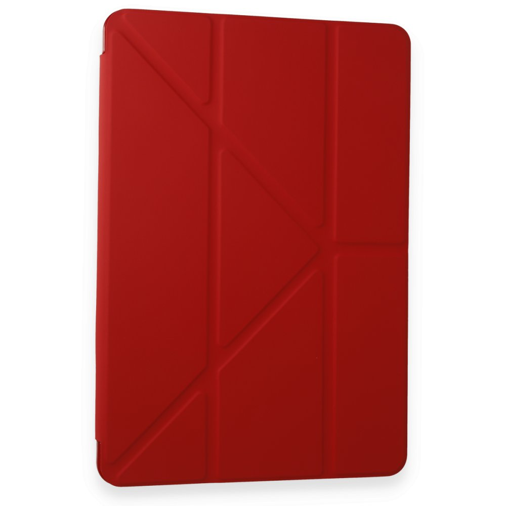 Geometrik katlanmış tasarımlı kırmızı tablet kılıfı.