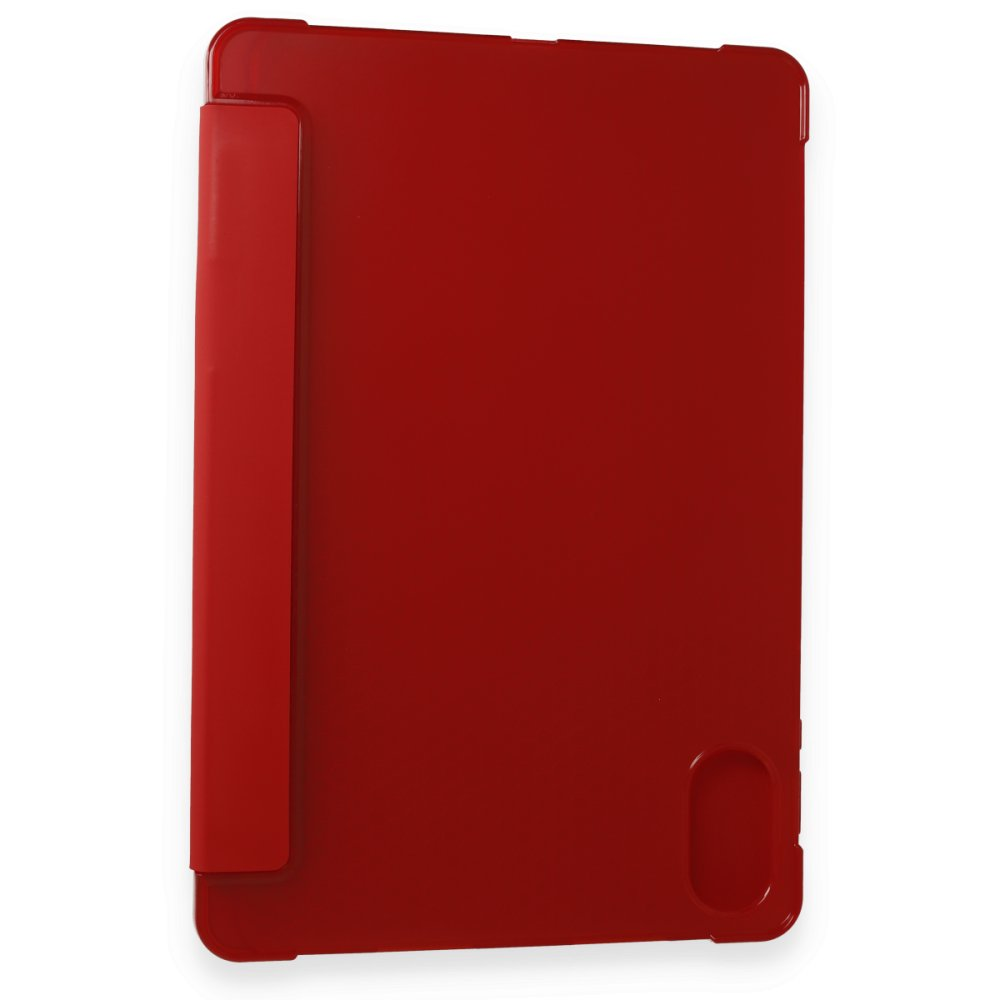 Kırmızı tablet kılıfı stantlı, beyaz arka plan üzerinde.