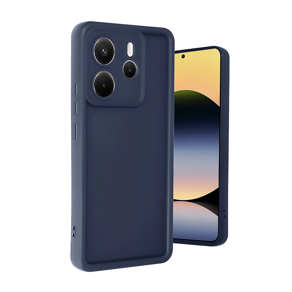 Kamera modülüne sahip lacivert telefon kılıfı ve arkada bir akıllı telefon parçası.