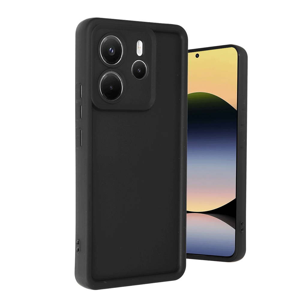 Kamera kesimli siyah telefon kılıfı, yanında renkli arka plana sahip bir akıllı telefon.