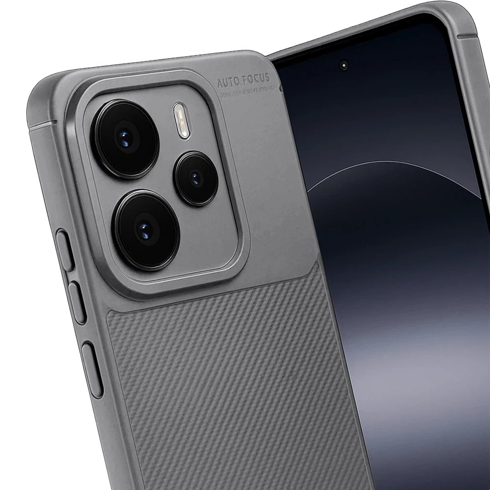 Üç kameralı, dokulu arkaya sahip gri telefon kılıfı.
